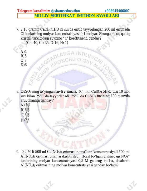 . a) feso4 • 2h2o b) fe(ncs)2 c) feso4 • 7h2o d) fe(no3)2 telegram kanalimiz: @shamseducation +998945466007 milliy sertifikat imtihon savollari 20. alifatik uglevodorod 1 molini yoqish uchun sarf bo’ladigan kislorod miqdori 1 moli yonishidan hosil bo’ladigan suv miqdori cnhm a b 𝑎 𝑏 =3 2 bo’lgan hol uchun gibridlangan orbitallar sonining qutbsiz bog’lar soniga bo’lgan munosabati qanday ifodalanadi? a) 3𝑛+1 𝑛 b) 4𝑛 𝑛+1 c) 4𝑛+2 2𝑛 d) 4𝑛−2 2 21. atsetilsalitsil kislota (aspirin) molekulasidagi sp3 va sp2 gibridlangan orbitallar yig’indisini hisoblang a) 18 b) 12 c) 42 d) 30 telegram kanalimiz: @shamseducation +998945466007 milliy sertifikat imtihon savollari 22. butan, buten, va butindan iborat 200 ml aralashma mo’l kislorod bilan aralashtirildi va yondirilganda hosil bo’lgan co2 hajmi dastlabki aralashmaning 1/3 qismini tashkil etsa, aralashmadagi kislorod hajmini l toping. a) 2,2 b) 1,25 c) 12 d) 0,7 23. 40 ml propan va noma’lum hajmli kisloroddan iborat aralashma portlatilganda, propan va …