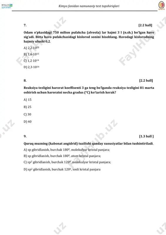 l bo’lgan. dastlabki aralashmani (%) tarkibini aniqlang? a) 20-c; 80-s b) 30-c; 70-s c) 40-c; 60-s d) 60-c; 40-s kimyo fanidan namunaviy test topshiriqlari 20. [2.2 ball] propan va metilamin aralashmasi yetarli miqdordagi kislorodda yondirilishidan xosil bo’lgan suv bug’i kondentasiyadan so’ng gazlar aralashmasining hajmi 134,4 litr (n.sh) ni tashkil qildi. so’ngra gazlar ishqor eritmasidan o’tkazilganda 22,4 litr gaz qoldi. dastlabki aralashmaning mol nisbatini toping. a) 2:1 b) 1:1 c) 1:3 d) 1:2 21. [2.2 ball] 33 g 2,4,6-tribromanilin olish uchun zarur bo'lgan benzolning massasini (g) hisoblang. reaksiya unumi birinchi va ikkinchi bosqichlarda 50% ni, oxirgi bosqichda 80% ni tashkil etgan. a) 1,56 b) 31,2 c) 32,0 d) 39,0 22. [2.2 ball] 0,73 g birlamchi amin yondirildi, yonish mahsulotlari ishqor eritmasidan o’tkazilganda 112 ml gaz ishqorga yutilmasdan ajralib chiqdi. aminning nomini ko’rsating. a) pentilamin b) etilamin c) metilamin d) butilamin kimyo fanidan namunaviy test topshiriqlari 23. [2.2 ball] massasi 36,4 g …