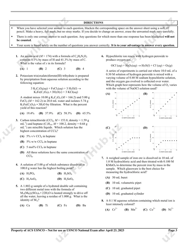 materials, scratch paper, and your scantron answer sheet. do not forget to turn in your u.s. citizenship/green card holder statement before leaving the testing site today. page 2 property of acs usnco – not for use as usnco national exam after april 23, 2023 abbreviations and symbols constants amount of substance n ampere a atmosphere atm atomic mass unit u avogadro constant na celsius temperature °c centi– prefix c coulomb c density d electromotive force e energy of activation ea enthalpy h entropy s equilibrium constant k faraday constant f free energy g frequency ν gas constant r gram g hour h joule j kelvin k kilo– prefix k liter l measure of pressure mm hg milli– prefix m molal m molar m molar mass m mole mol planck’s constant h pressure p rate constant k reaction quotient q second s speed of light c temperature, k t time t …