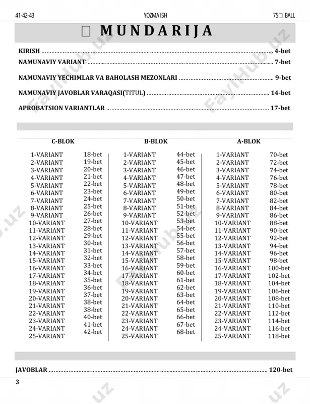 bandli topshiriqlarni bajarish talab qilinadi. masalalar tartibiga biroz noodatiy ko`rinish berilgan : c-41, c-42, c-43-1, c-43-2, b-41, b-42, a-43-1, a-43-2, … bundagi c-43-1 va c-43-2 kabi tartiblanishlar, bmba ning rasmiy spetsifikatsiyasiga asosan, 43-savolning yo anorganik kimyo bo`limidan yoki kimyoviy tahlilga oid bo`lishi e`tiboridan qilingan. kitobizmidagi asosiy qulayliklardan yana biri – har bir variant uchun muayyan vaqt chegarasi joriy qilinganligidir. bu orqali esa, ko`pchilikning natijasiga to`g`anoq bo`layotgan vaqt yetmaslik muammosi osongina hal bo`ladi, nasib qilsa ! to`plam masalalari asosan tarjima savollardan iborat bo`lib, ular imkon qadar o`zimizning standartlarga moslashtirilgan. ba`zi bir chetlanishlarni esa o`z holicha qoldirdik va ular orqali foydali ilm o`rganilishini xohladik ! masala shartlarida kelgan son qiymatlar kalkulyatorsiz ishlashga mo`ljallangan holdakarrali qilib chiqilgan. ammo, ba`zi o`rinlardagi sonlar aslidagidek keltirilgan. 41-42-43 yozma ish 75 ball 5 � 42-, 43-1- va 43-2-ishlardagi organik va anorganik reaksiyalarni yozish uchun savollar shartining o`zida maxsus joylar ajratilgan. javoblar qismiga keladigan bo`lsak, barcha darajadagi ishlarning …