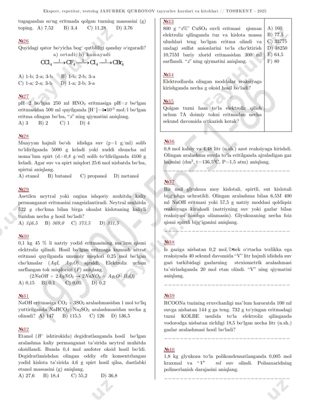 t bog‘lanishli birikmalarga xos bo‘lmagan xususiyatni tanlang. a) faqat metallmas atomlaridan tashkil topadi b) tarkibida metallmas atomlarini tutadi c) zarrachalar elektrostatik tortilish kuchlari ta’sirida bog‘lanadi d) uchuvchan, odatdagi sharoitda gaz modda №17 etanolning suvdagi 225 ml 80% eritmasi (ρ=x g/sm3) bilan 5,9 mol natriy reaksiyaga kirishganda ishqor va alkogolyat aralashmasi olindi. “x” ning qiymatini aniqlang. a) 0,9 b) 0,88 c) 1,0 d) 0,92 №18 0,5 mol metanni to‘liq yoqish uchun tarkibida kislorod va ozon bo‘lgan 16,8 litr (n.sh.) aralashma sarflandi. aralashmadagi kislorodning hajmini (litr, n.sh.) toping. a) 11,2 b) 8,4 c) 5,6 d) 8 №19 fe2(so4)3 moddasi haqidagi mulohazalardan to‘g‘rilarini tanlang. a) faqat kation bo‘yicha gidrolizga uchraydi; b) suvli eritmada mavjud emas; c) qaytar gidrolizga uchraydi; d) ham anion, ham kation bo‘yicha gidrolizga uchraydi; e) eritma muhiti kislotali (ph<7); f) kislota ta’sirida gidrolizi susayadi a) a,b,d,e b) a,b,c,d,e c) b,c,d,f d) a,c,e,f №20 rasmdagi strukturalar orasidan quyida keltirilgan xossalarga ega …