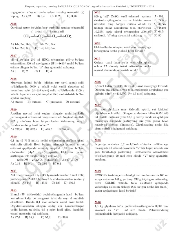 t bog‘lanishli birikmalarga xos bo‘lmagan xususiyatni tanlang. a) faqat metallmas atomlaridan tashkil topadi b) tarkibida metallmas atomlarini tutadi c) zarrachalar elektrostatik tortilish kuchlari ta’sirida bog‘lanadi d) uchuvchan, odatdagi sharoitda gaz modda №17 etanolning suvdagi 225 ml 80% eritmasi (ρ=x g/sm3) bilan 5,9 mol natriy reaksiyaga kirishganda ishqor va alkogolyat aralashmasi olindi. “x” ning qiymatini aniqlang. a) 0,9 b) 0,88 c) 1,0 d) 0,92 №18 0,5 mol metanni to‘liq yoqish uchun tarkibida kislorod va ozon bo‘lgan 16,8 litr (n.sh.) aralashma sarflandi. aralashmadagi kislorodning hajmini (litr, n.sh.) toping. a) 11,2 b) 8,4 c) 5,6 d) 8 №19 fe2(so4)3 moddasi haqidagi mulohazalardan to‘g‘rilarini tanlang. a) faqat kation bo‘yicha gidrolizga uchraydi; b) suvli eritmada mavjud emas; c) qaytar gidrolizga uchraydi; d) ham anion, ham kation bo‘yicha gidrolizga uchraydi; e) eritma muhiti kislotali (ph<7); f) kislota ta’sirida gidrolizi susayadi a) a,b,d,e b) a,b,c,d,e c) b,c,d,f d) a,c,e,f №20 rasmdagi strukturalar orasidan quyida keltirilgan xossalarga ega …