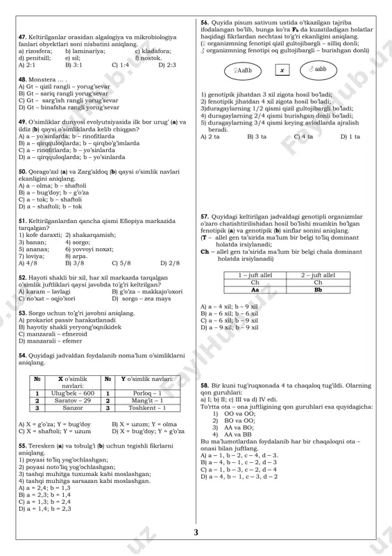 no’xat qovun 3 47. keltirilganlar orasidan algalogiya va mikrobiologiya fanlari obyektlari soni nisbatini aniqlang. a) rizosfera; b) laminariya; c) kladafora; d) penitsill; e) sil; f) nostok. a) 2:1 b) 3:1 c) 1:4 d) 2:3 48. monstera … . a) gt – qizil rangli – yorug’sevar b) gt – sariq rangli yorug’sevar c) gt – sarg’ish rangli yorug’sevar d) gt – binafsha rangli yorug’sevar 49. o’simliklar dunyosi evolyutsiyasida ilk bor urug’ (a) va ildiz (b) qaysi o’simliklarda kelib chiqgan? a) a – yo’sinlarda; b – rinofitlarda b) a – qirqquloqlarda; b – qirqbo’g’imlarda c) a – rinofitlarda; b – yo’sinlarda d) a – qirqquloqlarda; b – yo’sinlarda 50. qorago’zal (a) va zarg’aldoq (b) qaysi o’simlik navlari ekanligini aniqlang. a) a – olma; b – shaftoli b) a – bug’doy; b – g’o’za c) a – tok; b – shaftoli d) a – shaftoli; b – tok 51. keltirilganlardan qancha qismi efiopiya …