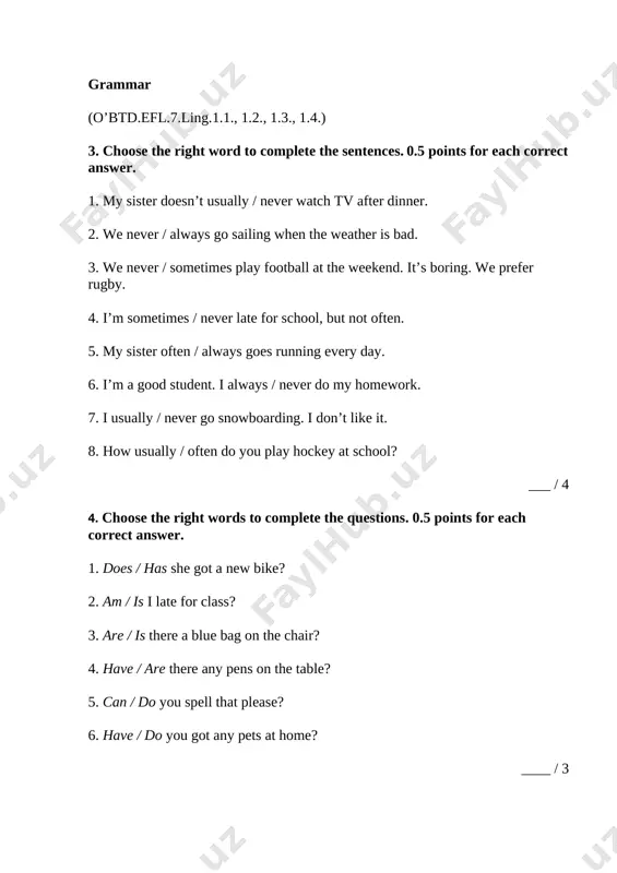_ y at school. 3. i love watching b _ _ _ b _ _ _. 4. you play v _ _ _ e _ _ _ _ _ in teams. 5. i never go _ k _ _ _ _ g. 6. i often play t _ n _ _ _ with my friends. 7. my sister doesn’t do g _ _ n _ _ _ _ c _ anymore. 8. do you and your friends usually go _ a _ _ _ _ g in the summer? _____ / 4 2. write the numbers to complete the sentences. write the numbers as words. 0.5 points for each correct answer. 1. there are _____________days in march. 2. there are _____________days in september. 3. there are __________letters in the english alphabet. 4. there are ___________days in a week. 5. nine, ten, eleven – the next number is___________. 6. two, four, …