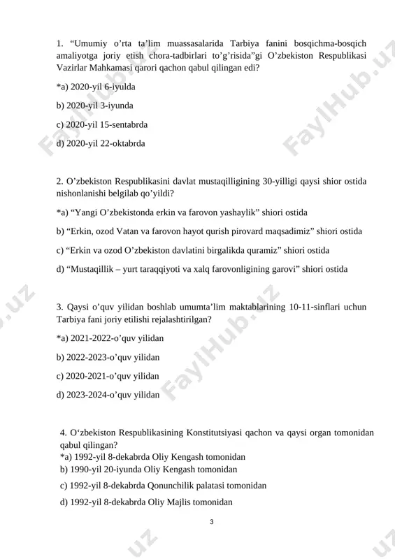 ol tadbirkorlik, innovatsion g’oyalar va texnologiyalarni qo’llab-quvvatlash yili” 11. o’zbekiston respublikasi prezidentining “o’zbekistonning yangi taraqqiyot davrida ta’lim-tarbiya va ilm-fan sohalarini rivojlantirish chora-tadbirlari to’g’risida”gi 6108-sonli farmoni qachon qabul qilingan edi? *a) 2020-yil 6-noyabrda b) 2020-yil 14-noyabrda c) 2020-yil 11-noyabrda d) 2020-yil 27-noyabrda 12. o’zbekiston respublikasining “ta’lim to’g’risida”gi qonuni qachon qabul qilingan edi? *a) 2020-yil 23-sentabrda b) 2020-yil 10-oktabrda c) 2020-yil 20-noyabrda d) 2020-yil 19-avgustda 13. o’zbekiston respublikasining “yoshlarga oid davlat siyosati to’g’risida”gi qonuni qachon qabul qilingan edi? *a) 2016-yil 14-sentabrda b) 2015-yil 17-mayda c) 2020-yil 9-yanvarda d) 2019-yil 22-iyunda 14. o’zbekiston respublikasi prezidentining “yoshlarga oid davlat siyosati samaradorligini oshirish va o’zbekiston yoshlar ittifoqi faoliyatini qo’llab-quvvatlash to’g’risida”gi 5106-sonli farmoni qachon qabul qilingan edi? *a) 2017-yil 5-iyulda b) 2016-yil 16-martda c) 2018-yil 24-fevral d) 2019-yil 13-noyabrda 15. o’zbekiston yoshlari kuni deb belgilangan sanani aniqlang? *a) 30-iyunda b) 15-avgust c) 25-sentabr d) 20-oktabr 16. o’zbekiston respublikasi prezidenti farmoniga ko’ra, ikkinchi jahon urushida qozonilgan g’alabaning …
