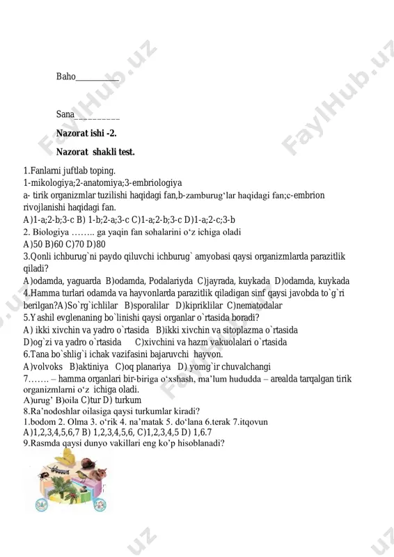 doy terak qovoq sabzi sholg`om jag`-jag` lola boychechak chinor pomidor yong`oq makkajo`xori g`o`za o`rik kungaboqar nastarin gilos baho_______________ sana_________ nazorat ishi–4 nazorat shakli:rasmli test 1.quyidagilar ichidan to`rsimon yoki panjasimon tomirlanish xilini toping a)1,2,3 b)1,3 c)3,4 d)2,3,4 2. quyidagilar ichidan yoysimon yoki parallel tomirlanish xilini toping a)1,2 b)1,34 c)3,4 d)2,3,4 3.olma, nok,gilos kabi o`simliklarning to`pgul xilini toping a) b) c) d) 4.rasmda tasvirlangan to`pgul xilini(a) va unga kiruvchi o`simlik nomlarini(b) toping 1.shingil 2.murakkab soyabon 3.qalqoncha 4.savatcha 5.sholi, 6,anor 7. sabzi 8.bodiyon 9.olma 10.nok a) a-1,b-5,6,9 b)a-2; b-7,8 c) a-3;b-5,7,8 d)a-4;8,10 5.keltirilgan fikrlardan qaysi biri rasmdagi meva turiga xos a)ikkita mevabargdan tashkil topgan b)bug`doy ,soli ham shu meva xiliga kiradi c) meva etining tashqi qismi qalin va qattiq, oraliq qismi sersuv, seret d) bir nechta mevabargdan tashkil topgan, pishgandan so‘ng chatnaydigan ko‘p urug‘li meva. 6.ushbu meva turi qanday nomlanadi ? a)qo`zoq b)pista c) yong`oq d) qovoq 7.raqam bilan ko`rsatilgan hujayraning qaysi organoidi? …