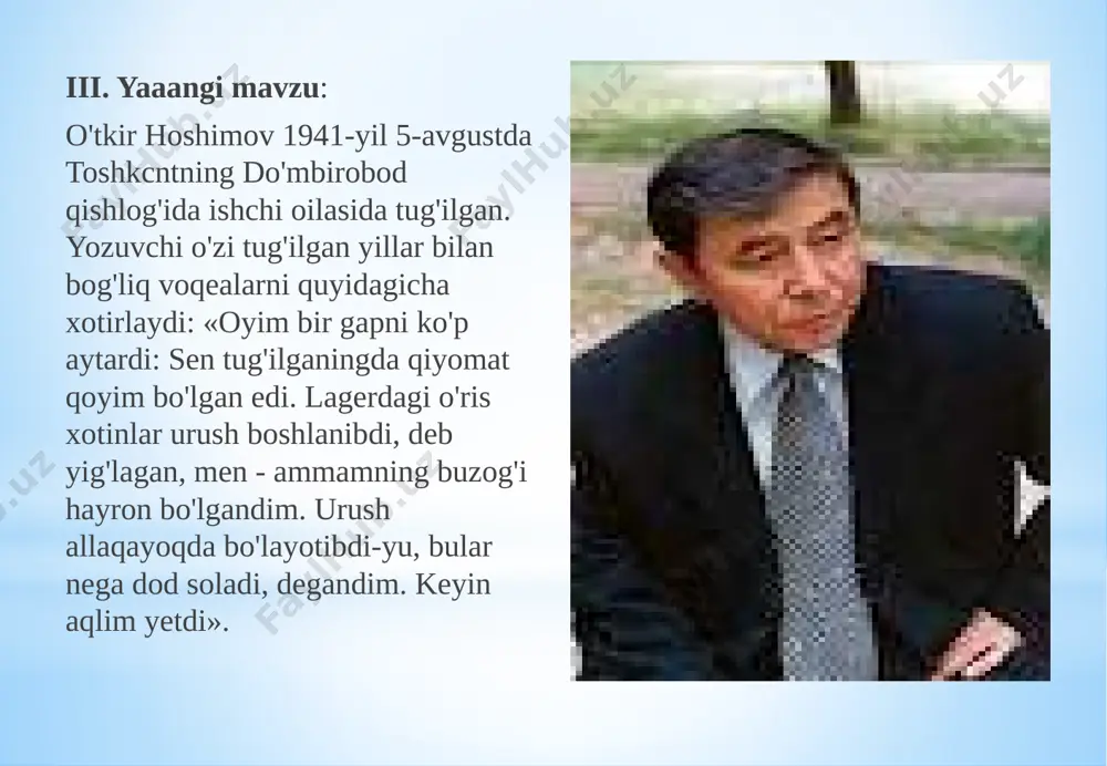 imni qulupnayzorga uloqtiradi. kutilmaganda fojia ro'y beradi. tunda onasi umri xola kasal o'g'li shone'matga sut olish uchun qulupnayni almashtirish niyatida, qulupnayzorga kiradi va tok ulangan simga ilashib halok bo'ladi. aslida, hikoyadagi boshqa qahramonlarning ham ahvoli shoikromnikidan kam emas. oila tashvishlaridan qiynalib ketgan xadicha, «rangi unuqqan chitko'ylak kiyib olgan», kasal o'g'li­ning hasratida iztirob chekkan umri xola, necha haftalab o'rnidan jilmaydigan xasta shone'matning ahvoli ham achinarlidir. iv. yangi mavzuni mustahkamlash «agar urush bo'lmaganda, hikoya qahramonlarining ahvoli qanday bo'lar edi»? 1. shoikrom vijdon azobida qolmas edi. erkin nafas olgan bo'lar edi. 2. shone'mat o'lim changalidan qutulib ketgan bo'lar edi. 3. umri xola farzandlarining rohatini ko'rgan bo'lar edi. 4. xadichani oila tashvishlari bunchalik qiynamagan bo'lar edi. 5. odamlarni azobgaqo'ygan «qoraxat»lar kelmagan bo‘lar edi. « siz shoikromning fe'1-atvorida xudbinlik, o'zini o'ylash illatlarini sezdingizmi?» o'quvchilar bu savolga ham imkoniyatlariga qarab javob beradilar. 1. kasal ukasidan o'n kunlab hol so'ramaydi. 2. oiladagi ko'ngilsizliklarning sababini xotinidan qidiradi. 3. …
