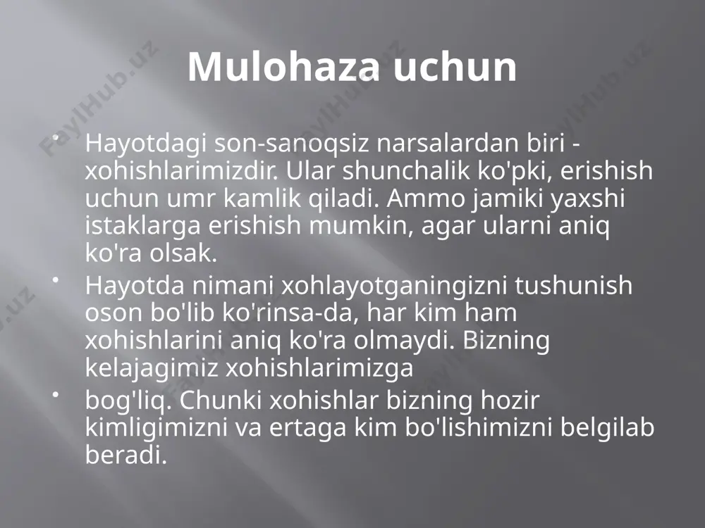 ng hidi, ovozi va tashqi ko'rinishini aniq tasavvur qiling; 3) sizning fikrlash doirangiz qanchalik boy bo'lsa, maqsadingizga erishish uchun miyangizdan shunchalik yaxshi foydalanasiz; 4) natija haqida aniq tasavvurga ega bo'lishga harakat qiling: maqsadga erishganingizda aniq nima yuz berishi haqida o'ylang; 5) erishadigan maqsadingizning oqibatlari haqida bashorat qilib, ular boshqa odamlarga ziyon yetkazmasligi haqida o'ylang; 6) siz erishgan natija o'zingizga ham, boshqalarga ham faqat foyda keltirishi kerak.