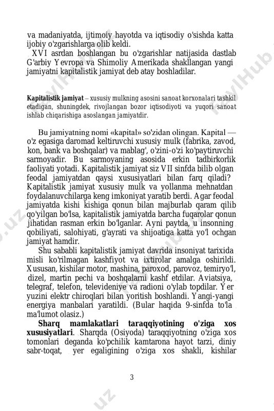 ni elektr chiroqlari bilan yoritish boshlandi. yangi-yangi energiya manbalari yaratildi. (bular haqida 9-sinfda to'la ma'lumot olasiz.) sharq mamlakatlari taraqqiyotining o'ziga xos xususiyatlari. sharqda (osiyoda) taraqqiyotning o'ziga xos tomonlari deganda ko'pchilik kamtarona hayot tarzi, diniy sabr-toqat, yer egaligining o'ziga xos shakli, kishilar 4 hayotining davlat tomonidan tartibga solinishi kabilarni tushunadi. aslida yangi davr arafasida sharq mamlakatlarida rivojlanish ancha yuqori edi. bu davrda texnik, texnologik va madaniy innovatsiyalar keng tarqalgan bo'lib, ularning ko'pchiligi 300—500 va hatto 1000 yil o'tgandan so'ng yevropada paydo bo'ldi, qisman sharqdan o'zlashtirildi. bi roq, yangi davr boshlariga kelib sharq mamlakatlari yevropaga nisbatan sezilarli darajada orqada qola boshladi. buning asosiy sabablari quyidagilardan iborat edi: -sharq davlatlarida ishlab chiqarishga jalb qilinmagan harbiy xarajatlarning umumiy miqdori g'arb davlatlarinikidan ancha yuqori edi (yevropada — 5—8 c/o. osiyoda — 12—15 70); xvi—xvii asrlardan boshlab sharq mamlakatlarida transport vositalari (kemalar, portlar, yo'llar, kanallar qurilishi) va kommunikatsiya tizimining (kitob chop qilish, savodxonlik darajasi) rivojlanish sur'atlari …