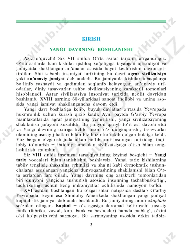 o ‘zi k o ‘paytiruvchi sarmoya. bu sarmoyaning asosida erkin tadbir- 3 korlik faoliyati yotadi. shu sababli kapitalistik jamiyatda xususiy mulk va yollanma mehnatdan foydalanuvchilarga keng imkoniyatlar yara- tildi. natijada, iqtisodiy hayot gurkirab o ‘sdi, sanoat ishlab chiqarishi va savdo rivojlandi, kapitalistik munosabatlar vujudga keldi. ishlab chiqarishning yangi shakllari paydo bo‘ldi, mehnat qurollari takomil- lashdi, sexlar o ‘rnini manufakturalar egallay boshladi. yevropalik- larning hayotida k o ‘plab yangiliklar, ishchanlik, intiluvchanlik kabi yangi belgilar paydo b o ‘ldi, ularning bir qismi sharqdan kirib keldi. bundan tashqari, yangi davr rivojlangan shahar madaniyati, antik davr tarixiga b o ‘lgan katta qiziqish, uni ideallashtirish, badiiy san’at- ning tez hayotiylashuvi kabilar bilan ham xarakterlanadi. aslida, ko‘p- chilik hollarda fojiali oqibatlarni keltirib chiqargan urushlar, q o ‘z- g ‘olonlar va inqiloblar emas, kishilarning yaratuvchanlik faoliyati, doim iy izlanish va intilish m a’naviyat va madaniyatda, ijtimoiy hayot- da va iqtisodiy o ‘sishda katta ijobiy o ‘zgarishlarga olib …