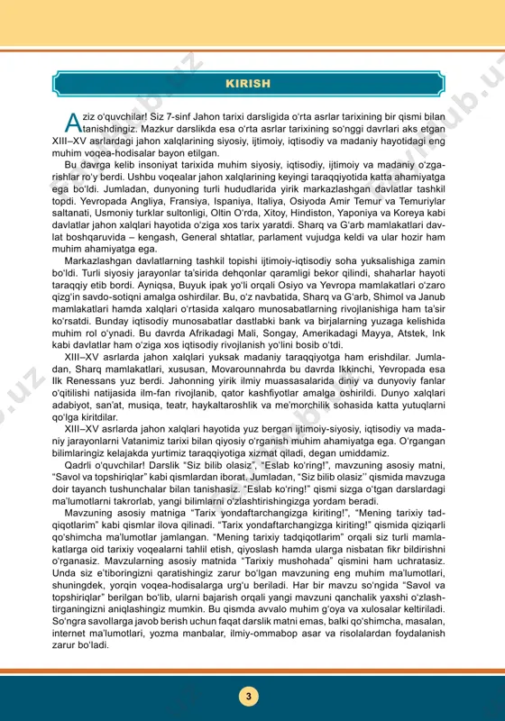 mi sizga o‘tgan darslardagi ma’lumotlarni takrorlab, yangi bilimlarni o‘zlashtirishingizga yordam beradi. mavzuning asosiy matniga “tarix yondaftarchangizga kiriting!”, “mening tarixiy tad qiqotlarim” kabi qismlar ilova qilinadi. “tarix yondaftarchangizga kiriting!” qismida qiziqarli qo‘shimcha ma’lumotlar jamlangan. “mening tarixiy tadqiqotlarim” orqali siz turli mamla- katlarga oid tarixiy voqealarni tahlil etish, qiyoslash hamda ularga nisbatan fikr bildirishni o‘rganasiz. mavzularning asosiy matnida “tarixiy mushohada” qismini ham uchratasiz. unda siz e’tiboringizni qaratishingiz zarur bo‘lgan mavzuning eng muhim ma’lumotlari, shuningdek, yorqin voqea-hodisalarga urg‘u beriladi. har bir mavzu so‘ngida “savol va topshiriqlar” berilgan bo‘lib, ularni bajarish orqali yangi mavzuni qanchalik yaxshi o‘zlash- tirganingizni aniqlashingiz mumkin. bu qismda avvalo muhim g‘oya va xulosalar keltiriladi. so‘ngra savollarga javob berish uchun faqat darslik matni emas, balki qo‘shimcha, masalan, internet ma’lumotlari, yozma manbalar, ilmiy-ommabop asar va risolalardan foydalanish zarur bo‘ladi. xiii–xv asrlar jahon tarixining muhim voqealari angliyada “erkinlikning buyuk xartiyasi” qabul qilindi 1215 misrda mamluklar davlatiga asos solindi 1250atsteklar mustaqillikka erishib, tenochtitlan meksika …