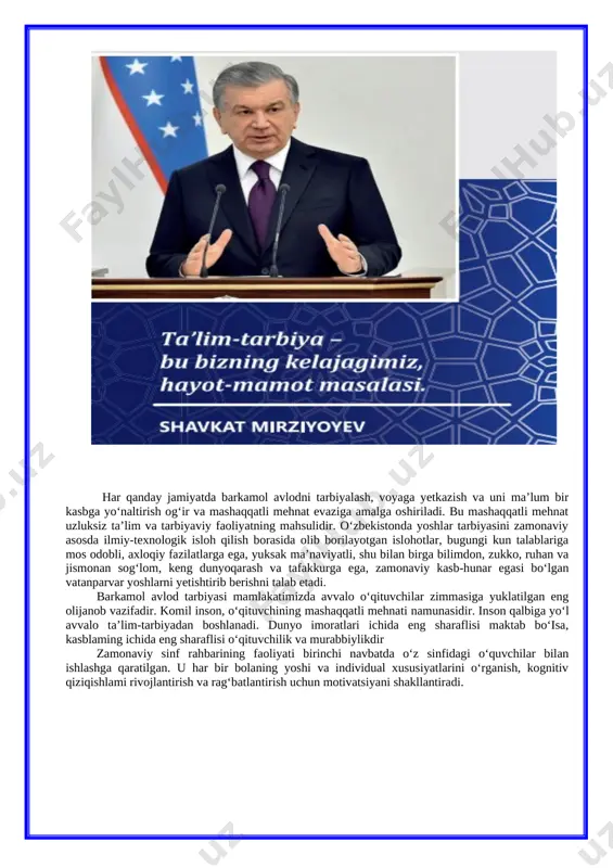 im va tarbiya olishlarini tashkil etish; · o‘quvchilarning o‘sib-ulg‘ayishlarini pedagogik kuzatuvlar asosida nazorat qilish, yordamga muhtoj o‘quvchilarga yakka holda yondashish asosida ular qalbida milliy g‘urur, vatanparvarlik, mehr-oqibat, mas'uliyat, tashabbuskorlik, ishbilarmonlik kabi xislatlarni uyg‘otish; · voyaga yetmaganlar o‘rtasida nazoratsizlik va huquqbuzarliklarning profilaktikasi to‘g‘risidagi qonun hujjatlari ijrosi borasida voyaga yetmaganlarning nazoratsiz va qarovsiz qolishlari, o‘quvchilar o‘rtasida jinoyatchilik va huquqbuzarliklarning oldini olish bo‘yicha o‘tkaziladigan "o‘quvchi", "davomat" kabi profilaktik reydlarda hamkorlik qilish sinf rahbarlari o‘zlariga yuklatilgan asosiy vazifalarga muvofiq quyidagi funksiyalarni amalga oshiradi: · har tomonlama yetuk, barkamol - ma’naviy, aqliy, jismoniy rivojlangan shaxs tarbiyasini amalga oshirish, sinf o‘quvchilarining qobiliyatlarini to‘liq namoyon etishlari uchun tegishli shart-sharoitlar yaratish; · pedagog jamoa hamkorligida tarbiyaviy ishlarni tashkil etishda har bir o‘quvchining o‘ziga xos xususiyatlariga qarab yondashishni yo‘lga qo‘yish · ertalabki saflanishlarda sinf o‘quvchilarining belgilangan tartibda to‘liq ishtirok etishlarini ta’minlash · biriktirilgan sinf xonasidagi mavjud jihozlarning saqlanishini va ulardan samarali foydalanishni ta’minlash · sinf rahbarlari o‘z faoliyatini o‘quvchilarning …
