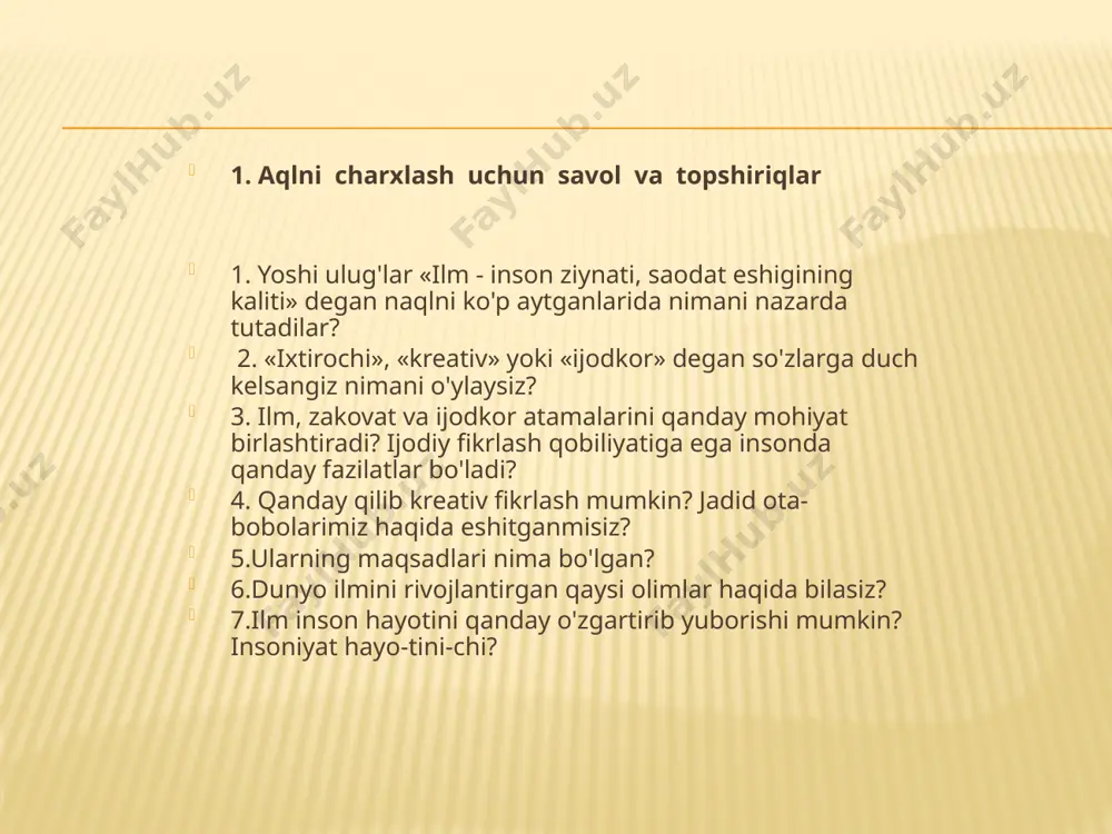 k. uni qancha ko'p o'rgansak, bugun bizni tashvishga solayotgan juda ko'p savollarga to'g'ri javob topamiz. shavkat mirziyoyev 12 dunyoda turmoq uchun dunyoviy fan va ilm lozimdur, zamona ilmi va fanidan bebahra millat boshqalarga poymol bo'lur. mahmudxoja behbudiy (1875–1919) uyga vazifa ! 1-topshiriq: yurtimiz mutafakkirlarining jahon ilm-fanining rivojlantirishga qo'shgan hissalarini aniqlang: aniq fanlar, ijtimoiy fanlar, tabiiy fanlar, din va pedagogika yo'nalishlariga ajrating. ularning kesishgan nuqtalarini toping. 2- topshiriq dunyoni hayratga solgan kashfiyotlar haqida ma’lumot topish e’tiboringgiz uchun rahmat !!! image3.jpeg image4.jpeg image5.jpeg image6.jpeg image7.jpeg image8.jpeg image9.jpeg