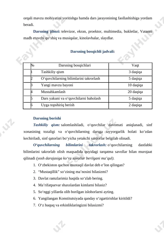 ʻzin muqaddas duodek seving. qadang yuraklarga millat bayrogʻin, vatanni najmiddin kubrodek seving. koʻnglimning gavhari shu aziz maskan, fidodir hamisha unga jon-u tan. otalar himmatin yodi mashʻali, onalar oq suti hurmati – vatan. oʻping, koʻzingizga suring tuprogʻin, har soʻzin muqaddas duodek seving. qadang yuraklarga millat bayrogʻin vatanni najmiddin kubrodek seving. (muhammad yusuf) (bu paytda monitor orqali yurtimizda roʻy berayotgan oʻzgarishlar, erishilgan yutuqlar, yangi qurilgan ishlab chiqarish korxonalari, namunaviy tipda qurilgan uy-joy binolari, yurtimizdagi muqaddas qadamjolar aks etgan videolavha namoyish etilib turiladi) istiqlol davrining yilma-yil tahlili yana bir muhim xulosani aytishga asos beradi: oʻzbekistonimizning siyosiy, iqtisodiy, ma’naviy qiyofasi batamom oʻzgardi. odamlar tafakkurida keskin sifat oʻzgarishi sodir boʻldi. bugungi xalq 32 yil burungi xalq emas. bu oʻzgarishlar kelajakda qanday shirin mevalar berishini bir koʻz oʻngimizga keltirib koʻraylik. shunda koʻngilga baxtiyor umidbaxshlik, shukr va faxr hissi ko‘rinadi. mustaqillik, avvalo, millatning oʻz taqdirini oʻzi belgilash huquqini kafolatlaydi. bu degani esa - biz millat, xalq sifatida …