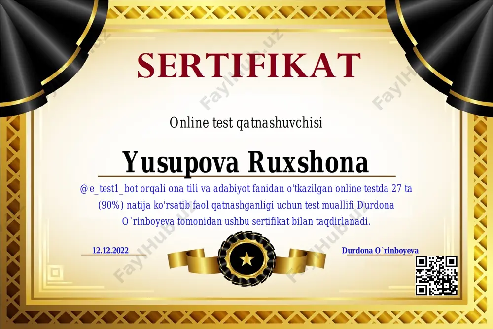 i. 12.12.2022 durdona o`rinboyeva online test qatnashuvchisi abduvohidova muslima @e_test1_bot orqali ona tili va adabiyot fanidan o'tkazilgan online testda 16 ta (53.3%) natija ko'rsatib faol qatnashganligi uchun test muallifi durdona o`rinboyeva tomonidan ushbu sertifikat bilan taqdirlanadi. 12.12.2022 durdona o`rinboyeva online test qatnashuvchisi artiqova donoxon @e_test1_bot orqali ona tili va adabiyot fanidan o'tkazilgan online testda 13 ta (43.3%) natija ko'rsatib faol qatnashganligi uchun test muallifi durdona o`rinboyeva tomonidan ushbu sertifikat bilan taqdirlanadi. 12.12.2022 durdona o`rinboyeva online test qatnashuvchisi muyaddinova aysha @e_test1_bot orqali ona tili va adabiyot fanidan o'tkazilgan online testda 12 ta (40%) natija ko'rsatib faol qatnashganligi uchun test muallifi durdona o`rinboyeva tomonidan ushbu sertifikat bilan taqdirlanadi. 12.12.2022 durdona o`rinboyeva online test qatnashuvchisi muhammad abdullayev @e_test1_bot orqali ona tili va adabiyot fanidan o'tkazilgan online testda 6 ta (20%) natija ko'rsatib faol qatnashganligi uchun test muallifi durdona o`rinboyeva tomonidan ushbu sertifikat bilan taqdirlanadi. 12.12.2022 durdona o`rinboyeva