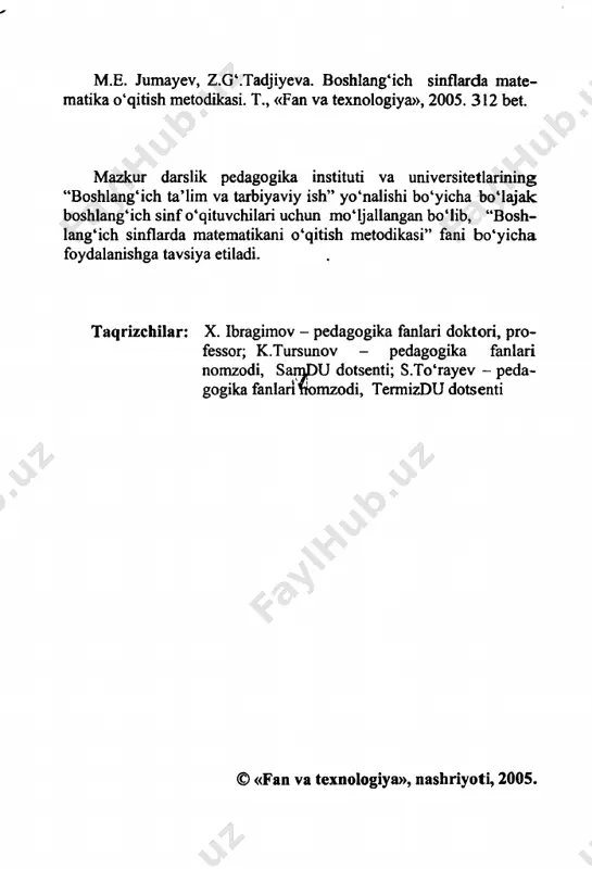 gi matematika kursini o'zlashtirishga tayyorlash bosqichidir. matematikadan boshlang'ich ta'limning bu ikki jihati (aspekti) (boshlang'ich ta'limning tarkibiy qismi va mate­ matik tayyorgarligi) metodikada o'zining munosib aksini topishi lozim. 4 boshlang'ich matematika kursi, bolalar tafakkuri rivojlanishiga yordam beradi. shu bilan boshlang'ich bilimlar yagona majmuini yaratadi, ikkinchi tomondan, zaruriy metodologik tasavvurlarni va fikrlashning mantiqiy tuzilishlarini shakllantirishga yo'naltirilgan bo'ladi. 6-10 yoshli bolalarining fikrlash qobiliyatlarini shakllanishida mas'ul davr ekanligini psixologlar isbot qilishgan. shu sababli bosh­ lang'ich ta'lim metodikasining, xususan, matematikadan bosh­ lang'ich ta'lim metodikasining vazifalaridan biri o'qitishning yetar­ licha yuqori rivojlantiruvchi samaradorligini oshirishni ta'minlashda o'qitishni bolalarning aqliy rivojlanishlariga ta'sirlarini jadallashti­ rishdan iborat. matematikadan boshlang'ich ta'lim-tarbiyaviy vazifalarini nazariy bilimlar tizimi asosidagina hal etishi mumkin. bu ilmiy dun­ yoqarash, psixologiya, didaktika, matematikani o'qitish nazariyasini (matematika didaktikasi) o'z ichiga oladi. biroq birgina nazariy bilimlaming o'zi yetarli emas. o'qitishning ma'lum mazmuni va o'qituvchilaming aqliy faoliyati saviyasi bilan ta'sirlanadigan u yoki bu o'quv yo'nalishi uchun eng samarali usullarni qo'llay bilish …