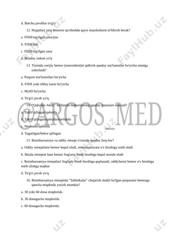 hlash, yangi murojaat epizodini yaratish yoki eskisini davom ettirish 18. shifokor boshqa mutaxassisga yozilgan bemorni qabul qila oladimi? a. ha b. yo'q 19. bemorni vaqtga emas, balki jonli navbatga yozish mumkinmi? masalan, vaqtga barcha yozuvlar band bo'lsa. a. ha, bemorni jonli navbatga yozish mumkin, lekin faqat joriy sanaga b. ha, bemorni jonli navbatga har qanday sanaga yozish mumkin c. ha, lekin faqat shifokorda jonli navbat bo'yicha qabul funksiyasi yoqilgan bo'lsa d. yo'q, jonli navbatga yozish mavjud emas, bemorni faqat vaqtga yozish mumkin 20. shifokor ko'rik paytida bemorni boshqa mutaxassisga yo'naltira oladimi? a. ha, oladi, murojaat epizodidagi "+uchrashuv" tugmasi orqali b. yo'q, bu faqat registratorga ruxsat etilgan 21. qanday davolash turi bilan yo'naltirish uchun direktor tasdig'i kerak emas? a. statsionar b. ambulator 22. gospitalizatsiya yo'naltirishisiz bemorni statsionarga rasmiylashtirishimkunmi? a. ha, bemorni yo'naltirishsiz rasmiylashtirishmumkin b. yo'q, statsionarga rasmiylashtirish uchun mutlaqo yo'naltirish zarur 23. bemor profilida qanday ma'lumotlarni ko'rish mumkin? a. shaxsiy ma'lumotlar/pasport …