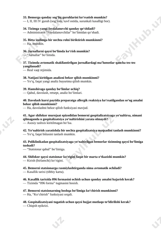 h” funksiyasini tanlash. 29. bemorga bir vaqtning o‘zida bir nechta analizni tayinlash mumkinmi? — ha, tizim bir nechta buyurtmani qabul qiladi. 30. fizioterapevtik kursni qo‘shish uchun nima qilish kerak? — “davolash rejalari” bo‘limidan kerakli kursni tanlash va tasdiqlash. 31. bemorning tibbiy kartasidagi "joriy ko‘rik" bo‘limida "homiladorlik (hisobga olish)" murojaat epizodi avtomatik yaratilishi uchun nima qilish kerak? — homiladorlik statusini belgilash. 32. biksni qayta sterilizatsiyaga yuborish mumkinmi? — ha, qayta sterilizatsiya uchun belgilash mumkin. [bookmark: _goback]33. bemorga qanday sog‘liq guruhlarini ko‘rsatish mumkin? — i, ii, iii iv guruh (sog‘lom, xavf ostida, surunkali kasalligi bor). 34. tizimga yangi foydalanuvchi qanday qo‘shiladi? — administrator “foydalanuvchilar” bo‘limidan qo‘shadi. 35. bitta xodimga bir nechta rolni biriktirish mumkinmi? — ha, mumkin. 36. jurnallarni qaysi bo‘limda ko‘rish mumkin? — “jurnallar” bo‘limida. 37. tizimda avtomatik shakllantirilgan jurnallardagi ma’lumotlar qancha tez-tez yangilanadi? — real vaqt rejimida. 38. natijasi kiritilgan analizni bekor qilish mumkinmi? — yo‘q, faqat yangi analiz buyurtma …