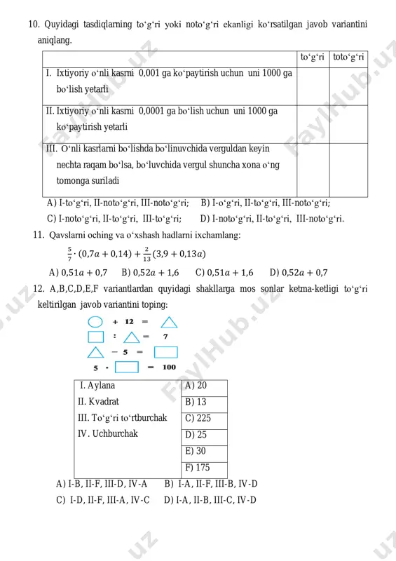 pedning sirti yuzi formulasi; ii. kubning barcha qirralari uzunliklari yig‘indisi formulasi; iii. to‘g‘ri burchakli parallelepipedning hajmi formulasi; a) a b c  b) 24a c)  4 a b c   d)  2 ab bc ac   e) 26 a f) 12 a a) i-d, ii-f, iii-a b) i-d, ii-c, iii-a c) i-c, ii-b, iii-a d) i-c, ii-f, iii-d 17. abcd va oprs kvadratlarning yuzlari mos ravishda 324 cm2 va 196 cm2 ga teng. bo‘yalgan sohaning yuzini cm2 da toping. a) 56 b) 64 c) 36 d) 48 18. jalol otaning bog‘i to‘g‘ri to‘rtburchak shaklida. bu yerning o‘ng va chap tomonidan 28 m bo‘sh joy qoldirildi va oralari 5 m bo‘lgan kvadrat shaklidagi uylar qurildi. agar jalol ota uylarni yerning o‘ng va chap tomonidan 4 metr bo‘sh joy qoldirib qurganida avvalgisidan 5 ta ko‘p uy qurilgan bo‘lar edi. bunga ko‘ra, bu uyning tomoni necha metrga teng? a) …