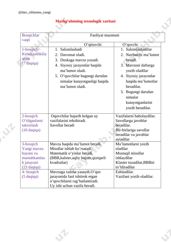 , siz bizga bering ta’lim. b) davomatni aniqlash: -o’qituvchi: bugun sinfda kim navbatchi? -navbatchi o’quvchi: bugun menman navbatchi sinfda bor 22 o’quvchi. 11 ta o’g’il bola, 11 tasi qiz bola. gullar suv ichdi rosa, sinfimiz top-toza. d) siyosiy jarayonlar haqida ma’lumot olish -o’qituvchi: bugungi kundagi siyosiy jarayonlarhaqida kim nimalar bilib keldi? (ikki o’quvchi ma’lumot beradilar) 2) o’tilgan mavzuni va vazifalarni takrorlash va tekshirish vazifalarni tekshirish: o’quvchilar sheriklari bilan daftarlarni almashtirib oladilar. diqqat proyektor orqali ekranga qaratiladi. unda uy vazifalari javoblari ko’rsatiladi. ekrandagi tayyor javoblarni kuzatgan holda o’quvchilar sheriklarini ishlagan vazifalarini tekshiradilar va unga mos ballarni qo’yadilar. takrorlash uchun savollar: (tarqatma kartochkalar) o’tilgan mavzuni takrorlash uchun “charxpalak” yasalgan va unda 1 dan 8 gacha bo’lgan raqamlar yozilgan. charxpalakni chaqirilgan o’quvchi aylantiradi va qaysi raqamni charxpalak ko’rsatkichi ko’rsatsa, o’sha raqamdagi tarqatma savol kartochkasiga javob beradi ( 1 1 .aralash sonlar qanday ayiriladi ? 2. amalni bajaring ) ( 1 1.aral ash sonlar …