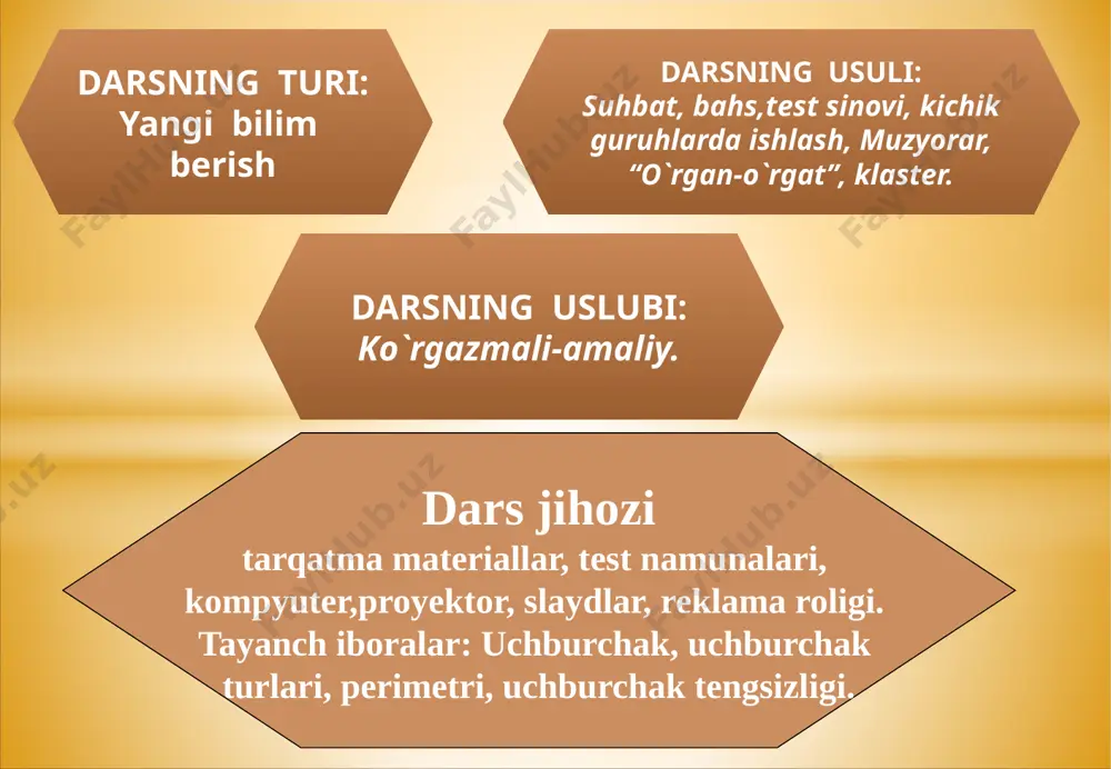 chburchak burchaklaridan biri to’g’ri to’g’ri burchakli uchburchak burchaklaridan biri o’tmas o’rmas burchakli uchburchak tomonlariga ko’ra uchburchaklar teng tomonli ( muntazam) , teng yonli, turli tomonli bo’ladi. uchburchakning tomonlari uchburchakning atalishi ko’rinishi uchala tomoni o’zaro teng ab=bc=ac teng tomonli (muntazam) uchburchak ikkala tomoni o’zaro teng ab=bc teng yonli uchala tomoni uzunliklari harxil. turli tomonli abc teng yonli, yani ab=bc bo’ladi. ac uchburchakning asosi deyiladi. uchburchakning uchala tomoni uzunliklari yig’indisi uning perimetri deyiladi. p=ab+bc+ac muammo: unutmang! uchnburchakning ixtiyoriy bir tomoni qolgan ikki tomonidan doimo kichik, ammo ayirmasidan doimo katta bo’ladi. ixtiyoriy abc uchburchak uchun quyidagi tengsizliklar o’rinli: ab-bc<ac<ab+bc ab-ac<bc<ab+ac ac-bc<ab<ac+bc endi guruhlarga muammoli savollar beriladi. 1- guruh: ikkita burchagi o’tmas bo’lgan uchburchak mavjudmi? izohlang. 2- guruh: ikkita burchagi to’g’ri bo’lgan uchburchak mavjudmi? izohlang. 3- guruh: bir burchagi to’g’ri, biri esa o’tmas bo’lgan uchburchak mavjudmi? izihlang. qiziqarli masala. uchburchak tomonlaridagi doirachalarga 1,2,3,4,5,6,7,8,9 raqamlarini shunday joylashtiringki, har bir tomonidagi raqamlar yig’indisi birinchi guruhda 17 …
