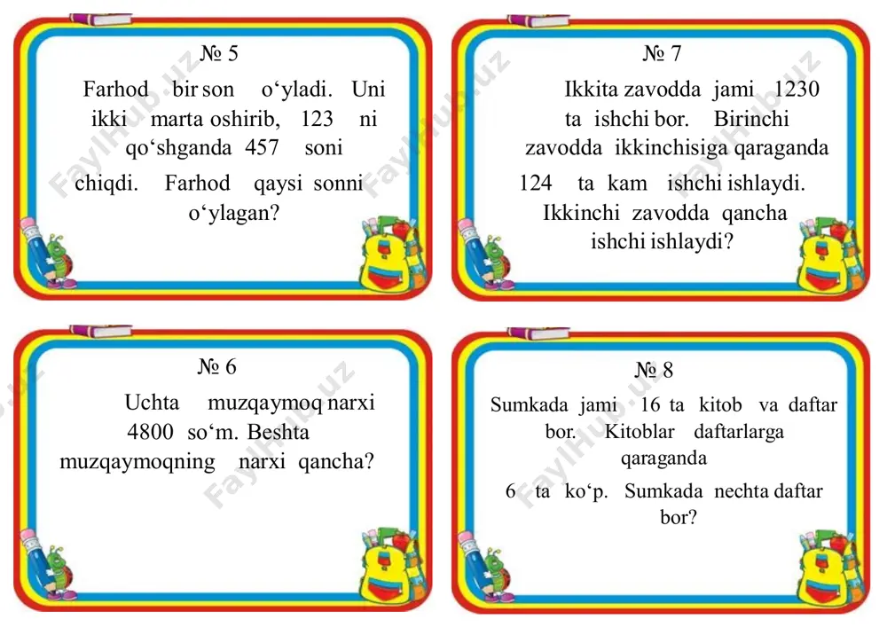 u do‘kondan narxi 1 500 so‘m bo‘lgan 12 ta qalam va narxi 800 so‘m bo‘lgan 30 ta daftar sotib oldi. mahmudning qancha puli qoldi? № 30 “kobalt” avtomobili 100 km masofaga 7 litr benzin sarflaydi. avtomobil 500 km yo‘lga qancha benzin sarflaydi? agar benzinning 1 litri narxi 5600 so‘m bo‘lsa, 500 km yo‘l uchun necha so‘mlik benzin sarflanadi? № 31 sotuvchi birinchi kuni 142 dona, ikkinchi kuni 221 dona muzqaymoq sotdi. muzqaymoqning narxi 2500 so‘m bo‘lsa, sotuvchi ikki kunda necha so‘mlik muzqaymoq sotgan? № 32 kichik korxona birinchi kuni 245 yashik, ikkinchi kuni 300 yashik ichimlik suvini sotuvga chiqardi. agar har bir yashikka 20 ta shisha ichimlik solingan bo‘lsa, korxona ikki kunda jami necha shisha ichimlik suvi ishlab chiqargan? № 33 usta bir soatda 30 ta, shogirdi esa 12 detalga ishlov beradi. usta shogirdi bilan bir kunda, ya’ni 8 soatda jami nechta detalga ishlov beradi? № 34 “kobalt” avtomobili 100 …