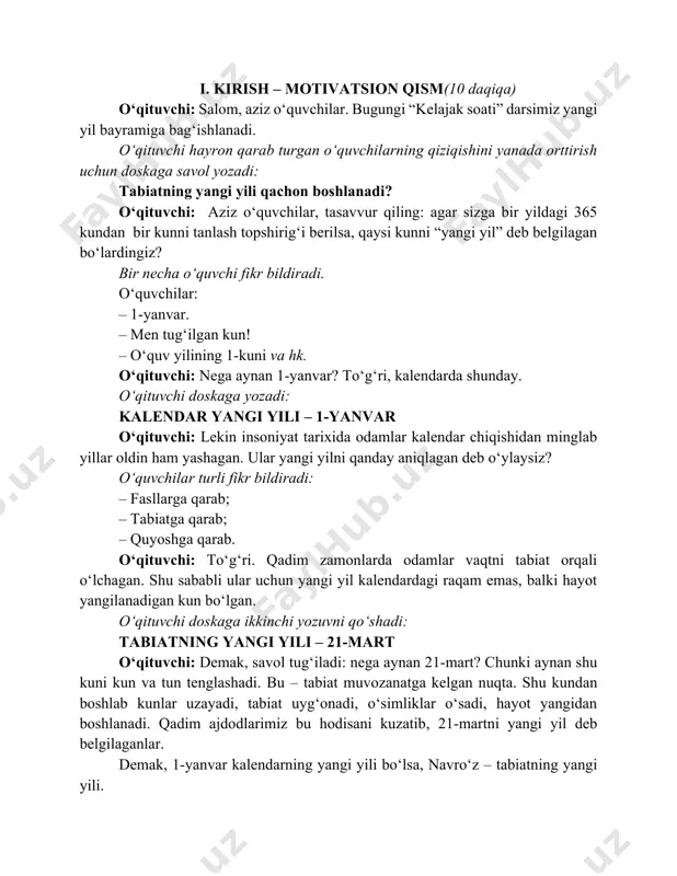 sumalak qaynaydi. bu shunchaki bayrammi? yo‘q. bu – jamiyat hayotida yangi davr boshlanishidir. shuning uchun ham navro‘z ming yillar davomida xalqimiz hayotida yashab kelmoqda. albatta, sho‘ro davrida bu bayram taqiqlandi, xalqning xotirasidan o‘chirishga urinishlar bo‘ldi. lekin hech kim uni yo‘q qila olmadi. odamlar baribir bir-birini navro‘z bilan tabrikladi, sumalak pishirdi, sayillar qildi, xalq o‘z qadriyatlarini saqlab qoldi. mustaqillik yillarida esa navro‘z bayrami davlatimiz tomonidan milliy qadriyat sifatida yana tiklandi va keng nishonlana boshladi. bugun navro‘z yurtimizda katta umumxalq sayillari, madaniy tadbirlar, xayriya aksiyalari, ko‘chat ekish va xalq an’analarini tiklash bilan o‘tadigan ulkan bayramga aylandi. yaqinda 2026-yilgi navro‘z bayramini ham yuksak saviyada nishonlash haqida prezidentimiz qaror imzoladilar. hozir biz navro‘z bayramining davlat tomonidan muhofaza qilinishi va qadriyat sifatida ulug‘lanishini aks ettiruvchi qisqa videoni tomosha qilamiz. vizual kontent “navroʻzni ulugʻlash – insonni ulugʻlashdir!” https://t.me/kelajaksoati_rasmiy/466 o‘qituvchi: videoda ko‘rib turibmizki, navro‘z faqat sayil emas. bu – yangilanish, birlik va yaxshi niyatlar bayrami. endi sizlarga …