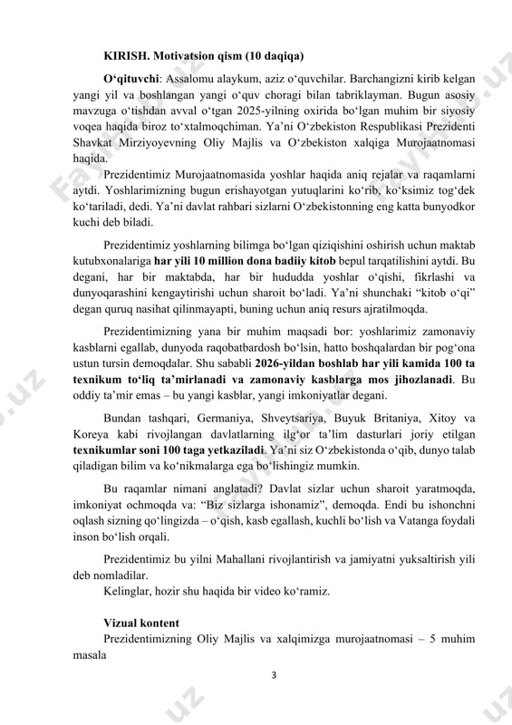 tuqlarini ko‘rib, ko‘ksimiz tog‘dek ko‘tariladi, dedi. ya’ni davlat rahbari sizlarni o‘zbekistonning eng katta bunyodkor kuchi deb biladi. prezidentimiz yoshlarning bilimga bo‘lgan qiziqishini oshirish uchun maktab kutubxonalariga har yili 10 million dona badiiy kitob bepul tarqatilishini aytdi. bu degani, har bir maktabda, har bir hududda yoshlar o‘qishi, fikrlashi va dunyoqarashini kengaytirishi uchun sharoit bo‘ladi. ya’ni shunchaki “kitob o‘qi” degan quruq nasihat qilinmayapti, buning uchun aniq resurs ajratilmoqda. prezidentimizning yana bir muhim maqsadi bor: yoshlarimiz zamonaviy kasblarni egallab, dunyoda raqobatbardosh bo‘lsin, hatto boshqalardan bir pog‘ona ustun tursin demoqdalar. shu sababli 2026-yildan boshlab har yili kamida 100 ta texnikum to‘liq ta’mirlanadi va zamonaviy kasblarga mos jihozlanadi. bu oddiy ta’mir emas – bu yangi kasblar, yangi imkoniyatlar degani. bundan tashqari, germaniya, shveytsariya, buyuk britaniya, xitoy va koreya kabi rivojlangan davlatlarning ilg‘or ta’lim dasturlari joriy etilgan texnikumlar soni 100 taga yetkaziladi. ya’ni siz o‘zbekistonda o‘qib, dunyo talab qiladigan bilim va ko‘nikmalarga ega bo‘lishingiz mumkin. bu …