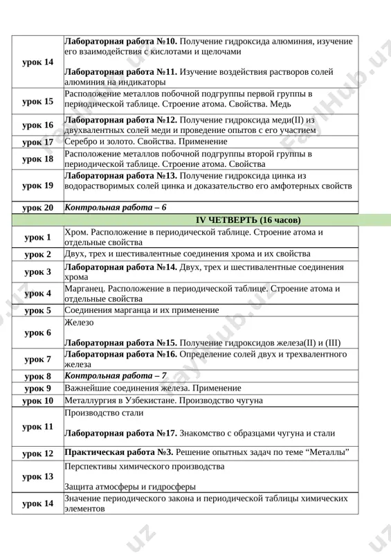ineniya xroma i ix svoystva 1 urok 3 laboratornaya rabota №14. dvux­, trex­ i shestivalentnie soedineniya xroma 1 urok 4 marganets. raspolojenie v periodicheskoy tablitse. stroenie atoma i otdelnie svoystva 1 urok 5 soedineniya margantsa i ix primenenie 1 urok 6 jelezo laboratornaya rabota №15. poluchenie gidroksidov jeleza(ii) i (iii) 1 urok 7 laboratornaya rabota №16. opredelenie soley dvux­ i trexvalentnogo jeleza 1 urok 8 kontrolnaya rabota – 7 1 urok 9 vajneyshie soedineniya jeleza. primenenie 1 urok 10 metallurgiya v uzbekistane. proizvodstvo chuguna 1 urok 11 proizvodstvo stali laboratornaya rabota №17. znakomstvo s obraztsami chuguna i stali 1 urok 12 prakticheskaya rabota №3. reshenie opitnix zadach po teme “metalli” 1 urok 13 perspektivi ximicheskogo proizvodstva zashita atmosferi i gidrosferi 1 urok 14 znachenie periodicheskogo zakona i periodicheskoy tablitsi ximicheskix elementov 1 urok 15 znachenie ximicheskix reaktsiy v ximicheskom proizvodstve 1 urok 16 kontrolnaya rabota – 8 1