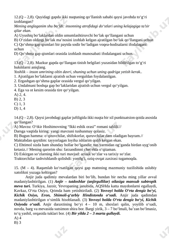 lotlar qorong‘ulik qa’riga cho‘kdi. [bookmark: _hlk196742812]11.(q – 2,8). quyidagi sodda gap mazmuniga mos ravishda grammatik jihatdan to‘g‘ri shakllantirilgan ergashgan qo‘shma gapni aniqlang. hayotga muhabbati kuchli bo‘lgan inson har qanday og‘ir vaziyatda ham tushkunlikka tushmaydi. a) hayotga muhabbatingiz kuchli bo‘lsin – og‘ir vaziyatlarda ham tushkunlikka tushmaysiz. b) insonning hayotga muhabbati kuchli bo‘lsa, og‘ir vaziyatlarda ham tushkunlikka tushmaydi. c) hayotga muhabbatingizni kuchli qiling va og‘ir vaziyatlarda tushkunlikka tushmang. d) hayotga muhabbati kuchli bo‘lgan insonlar og‘ir vaziyatlarda ham tushkunlikka tushmaydi. [bookmark: _hlk196745326]12.(q – 2,8). quyidagi gapda ikki nuqtaning qo‘llanish sababi qaysi javobda to‘g‘ri izohlangan? mening anglaganim shu bo‘ldi: insonning atrofidagi do‘stlari uning kelajagiga ta’sir qilar ekan. [bookmark: _hlk196745452]a) uyushiq bo‘laklardan oldin umumlashtiruvchi bo‘lak qo‘llangani uchun b) o‘zidan oldingi bo‘lak ma’nosini izohlab kelgan ajratilgan bo‘lak qo‘llangani uchun c) qo‘shma gap qismlari bir paytda sodir bo‘ladigan voqea-hodisalarni ifodalagani uchun d) qo‘shma gap qismlari orasida izohlash munosabati ifodalangani uchun. 13.(q – 2,8). mazkur gapda qo‘llangan tinish …