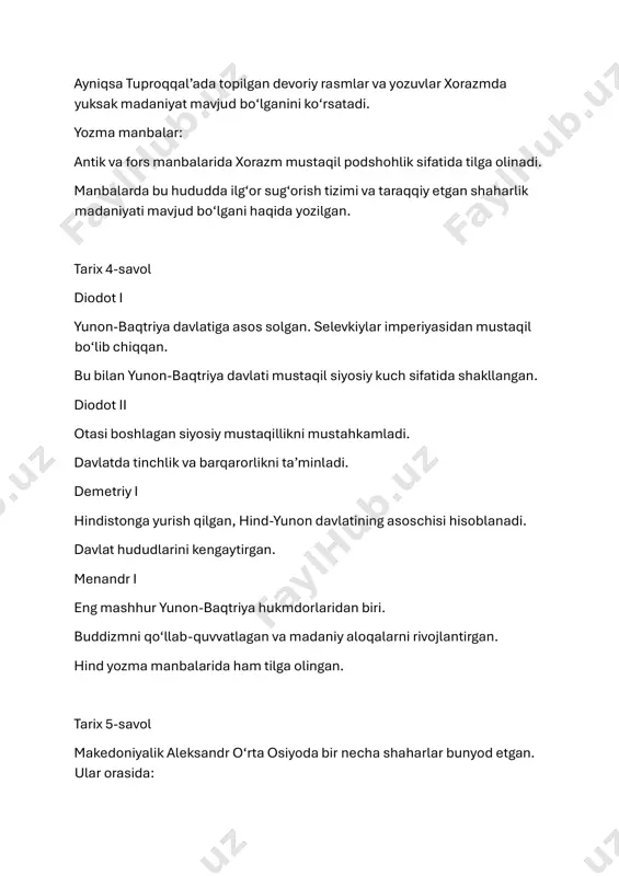 idagi hududlar. ko‘chmanchilar bilan urushlarning asosiy sababi – yaylovlar uchun kurash edi. ko‘chmanchi xalqlar o‘z hayot tarziga mos ravishda doimiy yaylovlarga ehtiyoj sezishgan. ular dehqonchilik bilan shug‘ullanuvchi hududlarga bostirib kirib, zaxiralar va yerlarni egallashga uringan. bu esa doimiy to‘qnashuvlarga, urushlarga olib kelgan. 9-savl javob: brahmi yozuvi – hindistonda paydo bo‘lgan, kushonlar davrida keng qo‘llanilgan. kharoshthi yozuvi – afg‘oniston va hindiston shimolida topilgan. yunon yozuvi – bactriyada (baqtriya) tarqalgan, ko‘plab tangalarda uchraydi. 10-savol makedoniyalik aleksandrning sharqqa yurishi miloddan avvalgi 334-yilda boshlanib, 10 yil davom etgan (mil.avv. 334–324-yillar). yunonlarni bosib olingan hududlarga joylashtirishdan ko‘zlangan maqsad – imperiyani mustahkamlash, yunon madaniyatini yoyish va harbiy nazoratni kuchaytirish bo‘lgan. aleksandrning yurishlarining o‘rta osiyoga qaratilish sababi – strategik ahamiyatga ega bo‘lgan hududlar ustidan nazorat o‘rnatish va sharqqa yo‘l ochish bo‘lgan. ❗️barcha imtihon javoblarini bizning botimiz orqali bepul yuklab oling: https://t.me/imtihon_javoblari_9_11_sinfbot https://t.me/imtihon_javoblari_9_11_sinfbot 2-savol javoblari 1-javob: alloma: abu rayhon beruniy asari: “qadimgi xalqlardan qolgan yodgorliklar” (arabcha: “al-osor alboqiya …