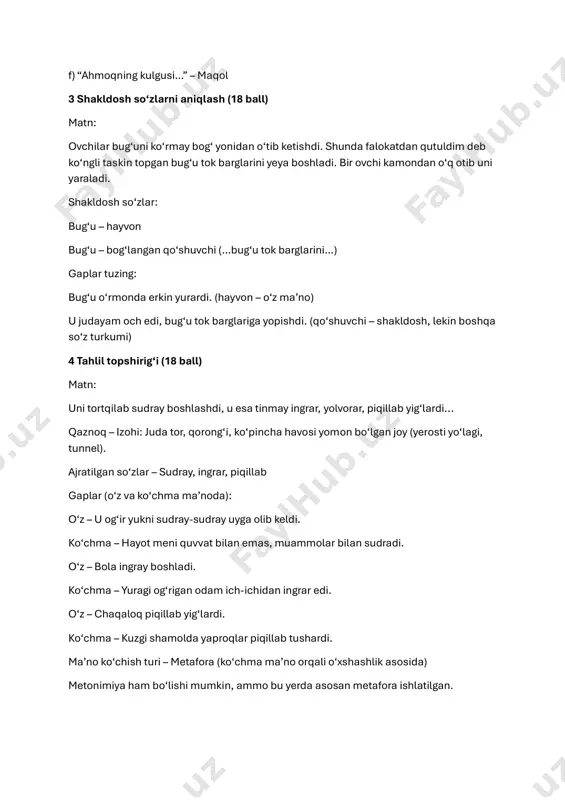 hammaga baqirdi. 8. muallif va qo‘shimcha ma’lumot (18 ball): a) “xoh inon, xoh inonma” radifli g‘azal muallifi – alisher navoiy barcha imtihon javoblarini bizning botimiz orqali bepul yuklab oling: https://t.me/imtihon_javoblari_9_11_sinfbot https://t.me/imtihon_javoblari_9_11_sinfbot 5. gap tahlili (18 ball) gap: bog‘dagi anvoyi gullar ifori har tomonga taralmoqda. ochiq va yopiq bo‘g‘inlar: https://t.me/imtihon_javoblari_9_11_sinf https://t.me/imtihon_javoblari_9_11_sinf ma’lumot: navoiy 15-asrning buyuk mutafakkiri va shoiridir. ma’lumot: u “xamsa” yozgan ilk turkiy adib hisoblanadi. b) “muhokamat ul-lug‘atayn” muallifi – alisher navoiy 11. mumtoz adabiyot namunasi (muallif va janr) ahbob, yigitlikni g‘animat tutinguz... ma’lumot: ushbu asarda u turkiy tilning fors tilidan ustun jihatlarini ko‘rsatadi. ma’lumot: asar 1499-yilda yozilgan. 9. iboralarni izohlab, gap tuzish (18 ball): og‘zi qulog‘ida – juda xursand. masalan: sinovdan besh olgan bola og‘zi qulog‘ida uyga keldi. qulog‘idan kun ko‘rinadi – juda jahl qilgan, g‘azablangan. masalan: o‘qituvchining qulog‘idan kun ko‘rindi, hech kim jim turmadi. ko‘ngli ko‘tarilmoq – xursand bo‘lmoq, ruhiy holati yaxshilanishi. masalan: yaxshi so‘zlarni eshitib uning ko‘ngli …
