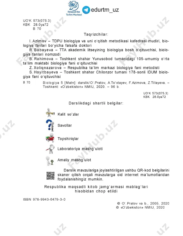 h obyektiga ko ‘ ra biologiya bir qancha sohalarga bo ‘ linadi: 1) botanika - o ‘simliklar haqidagi fan; 2) zoologiya - hayvonlar haqidagi fan; 3) mikologiya - zam burug‘ lar haqidagi fan; 4) mikrobiologiya - kichik jonzotlarni o ‘ rganuvchi fan; 5) sitologiya - hujayra haqidagi fan; 6) anatomiya - tirik organizmning ichki tuzilishini o ‘ rganadi; 7) sistematika - tirik organizmlarni o ‘xshash belgilariga ko ‘ ra guruhlarga bo ‘ lib o ‘ rganuvchi fan; 8) fiziologiya - tirik organizmda boradigan jarayonlarni o ‘ rganadi; 9) genetika - irsiyat va o ‘zgaruvchanlik haqidagi fan; 10) ekologiya - tirik organizmlarning o ‘zaro va tashqi muhit bilan munosabatlarini o ‘ rganadi (1-rasm). b io lo g iya fa n in in g a h a m iya t i . odamzod qadimdan dehqon- chilik va chorvachilik bilan shug‘ullanib keladi. agar u o ‘simliklarning tuzilishi va xususiyatlarini yaxshi bilsa, m o …