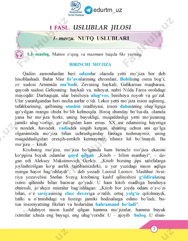 urli sintaktik qurilmalar bilan beriladi. tilning bunday ko‘rinishi nutq uslubidir. ’ 1.4-mashq. berilgan so‘z birikmalarini qaysi uslubga xosligi bo‘yicha - j tasniflang. ijodkor yoshlar, boshidan qolmoq, tajriba asosida, yillar armoni, zafar quchmoq, jinoiy to ‘da, islohotlar samarasi, yuksak orzular, bu yerdan surmoq, o ‘q ildiz, quyoshli yurt, to ‘g ‘risini aytmoq, qo‘shma gap, ko‘zlari jiqqa yosh, yeb tashlamoq, quyida imzo chekuvchilar, xolaginasi girgitton, atmosfera bosimi, ijaraga oluvchi, zimmasiga yuklatilmoq, barmog‘ini tishlab, qaynash nuqtasi, farazga ko‘ra, xotamtoy yigit. namuna: 1) so‘zlashuv: yeb tashlamoq,... 2) ilmiy: tajriba asosida,. 3) publitsistik: ijodkor yoshlar,... 4) rasmiy: quyida imzo chekuvchilar,... 5) badiiy: yillar arm oni,. :i 1.5-mashq. nazariy matn mazmunini og‘zaki bayon qiling. qedurtm_uzrespublika ta'lim markazi 1.6-mashq. testlarni yeching. javobingizni izohlang. i. berilgan m atnlarning qaysi uslubga xos ekanligini toping. 1. vashillab yonayotgan ko‘m-ko‘k olovga tikilaverib ko‘zni ishdan chiqargan ekanman. quloq ham uncha-muncha gapni olmaydi. hayronman, halitdan shundoq bo‘lsam, qariganda nima bo‘larkanman? 2. a n’anaviy …