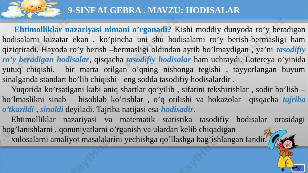 q va bitta qora shar bo’lgan qutidan bitta shar olinganda uning “oq shar chiqishi” va “qora shar chiqishi” 1- va 2- misollarda hodisalardan birortasining ro’y berishi uchun hodisalardan birida boshqasiga nisbatan ustunlik yo’q. bunday hodisalar teng imkoniyatli deyiladi. 3- va 4- misollarda imkoniyatlar teng emas. sababi bo’yalgan kubikning 5 ta tomini qizil , 1 ta tomoni ko’k, demak, qizil tushish imkoniyati ko’proq. shu kabi oq shar chiqish imkoniyati qora shar chiqishi imkoniyatidan ko’p. 9 9-sinf algebra . mavzu: hodisalar 455- masala. bugun samarqandda barometr normal atmosfera bosimini ko’rsatmoqda. bunda: 1) samarqanddagi ayolning qozonidagi suv 70 gradusda qaynaydi; 2) havo harorati -5 gradusga pasayganda , ko’lmakdagi suv muzlaydi. yeshish: 1 – mumkin bo’lmagan hodisa chunki, suv normal atmosfera bosimida 100 gradusda qaynaydi. 2- bu muqarrar hodisa. sababi suv normal atmosfera bosimida 0 gradusda muzlaydi. 9-sinf algebra . mavzu: hodisalar uyga vazifa 452- 456- masalalarni yechish. 11 e’tiboringiz uchun rahmat! s shuning …