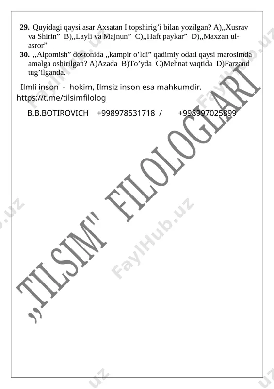 an? a),,xusrav va shirin” b),,layli va majnun” c),,haft paykar” d),,maxzan ul-asror” 30. [bookmark: _goback],,alpomish” dostonida ,,kampir o’ldi” qadimiy odati qaysi marosimda amalga oshirilgan? a)azada b)to’yda c)mehnat vaqtida d)farzand tug’ilganda. ilmli inson - hokim, ilmsiz inson esa mahkumdir. https://t.me/tilsimfilolog b.b.botirovich +998978531718 / +998997025899 image1.png 9 - sinf ona tili va adabiyot ii chorak test 1. deb so ’ zi yordamida ergashgan qo ’ shma gapda kesim qaysi zamon bilan ifodalansa, ko ’ proq sabab ma ’ nosi ifodalanadi? a)o ’ tgan zamon b)hozirgi zamon c)kelasi zamon d)hozirgi - kelasi zamon 2. quyidagi ergashtiruvchi bog ’ lovchilardan qaysi biri shart ma ’ nosini ifodalaydi? a )chunki b)mabodo c)negaki d)t oki 3. ergash gap bosh gapga quyidagi qaysi vosita yordamida bog ’ lanmaydi? a) ergashtiruvchi bog ’ lovchilar b) ko ’ makchili qurilmalar c)deb so ’ zi d)ayiruv bo g ’ lovchilari 4. ergashgan qo ’ shma gaplar tuzilishiga ko ’ ra nimaga …