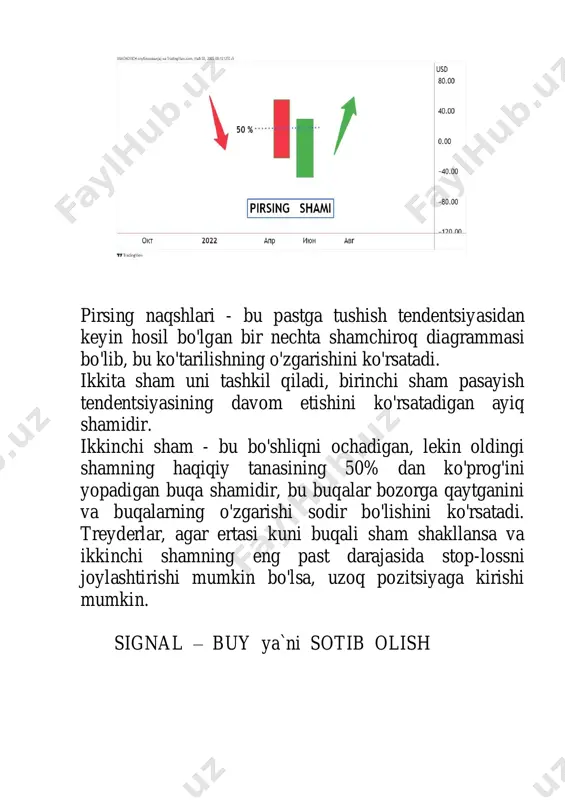 kichik buqa shamidir. birinchi ayiqli sham pasayish tendentsiyasining davom etishini ko'rsatadi va ikkinchi sham buqalar bozorga qaytganligini ko'rsatadi. savdogarlar ushbu shamcha naqshini tugatgandan so'ng uzoq pozitsiyani egallashlari mumkin. signal – buy ya`ni sotib olish egizak pastlik shamchalar namunasi - bu pasayish tendentsiyasi oxirida hosil bo'lgan buqali teskari shamcha naqshidir. u ikkita shamdondan iborat bo'lib, birinchisi - ayiq, ikkinchisi - buqalar. ikkala shamdon ham deyarli yoki bir xil past ko'rsatkichni hosil qiladi. qachonki trend ostidagi bu shamdon namunasi shakllangan bo'lsa, oldingi tendentsiya pasayish tendentsiyasi bo'ladi. davom etayotgan pasayish tendentsiyasining davomiga o'xshab ko'rinadigan ayiqli pinsetli shamchalar shakllanadi. ertasi kuni ikkinchi kundagi buqa shamining past darajasi qo'llab-quvvatlash darajasini ko'rsatadi. deyarli bir xil past ko'rsatkichga ega bo'lgan eng pastki shamlar qo'llab-quvvatlashning kuchini ko'rsatadi va shuningdek, pasayish tendentsiyasi o'sish tendentsiyasini shakllantirish uchun teskari bo'lishi mumkinligini anglatadi. shu sababli, buqalar harakatga kirishadi va narxni yuqoriga ko'taradi. bu ko'tarilishning o'zgarishi ertasi kuni buqa shamlari hosil bo'lganda tasdiqlanadi. …