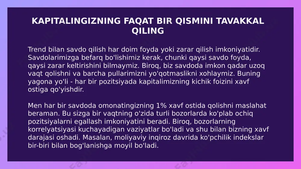 iy savdoda treyder amal qilishi kerak bo'lgan kamroq aniq qoidalar mavjud. ushbu yondashuv savdolarda doimiy ishtirok etishni talab qiladi va individual treyderlar tomonidan keng qo'llaniladi. ixtiyoriy savdo ko'proq sub'ektiv bo'lsa-da, u hali ham savdo rejasiga asoslanadi. trendda savdo qilish strategiyasi trend savdo strategiyasi muvaffaqiyatingizning atigi 1/3 qismini tashkil qiladi. tegishli risklarni boshqarish va intizomsiz, hatto eng yaxshi savdo strategiyasi ham foydali savdoga yordam bermaydi. o'zimiz uchun trend savdo strategiyasini ishlab chiqish uchun biz quyidagi savollarga javob berishimiz kerak: • qaysi taymfreymdan foydalansam bo'ladi? • har bir savdoda mening xavf darajam qanday bo'ladi? • qaysi bozorlarda savdo qilaman? • mening kirish nuqtam qayerda bo'ladi? • agar narx mening pozitsiyamga zid bo'lsa, men qayerdan chiqaman? • agar narx men tomon ketsa, qayerdan foyda olaman? amalda u shunday ko'rinadi: 1. agar narx 200 davri bilan harakatlanuvchi o'rtacha qiymatdan yuqori bo'lsa, trend ko'tariladi. 2. ko'tarilish trendida biz 20 va 50 davrlari bilan harakatlanuvchi o'rtacha …