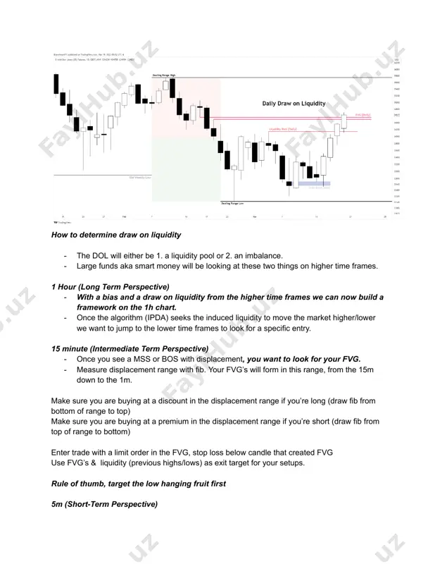 to 1 of 2 things, stops aka liquidity or its running to an imbalance. - move to hourly chart, use the daily levels , daily low/high, zoom into 1 hr, liquidity - anytime a significant price move is expected; always anticipate some measure of a stop hunt or a short term high/low being taken out. - find imbalances and order blocks. 1h is used to identify trend (swing lows swing highs and volume imbalance) - drop down into 15m, identify the 15m imbalances within them - drop down to 1 2 3 5m chart and find fvg the 1m, 2m, 3m chart tends to be the best for finding imbalances in indices because this is what the high frequency algorithms operate on nothing higher than 3 minutes ipda moves the market like watching 8:30 - 11 am there is usually a setup in there still watches after, but that is …