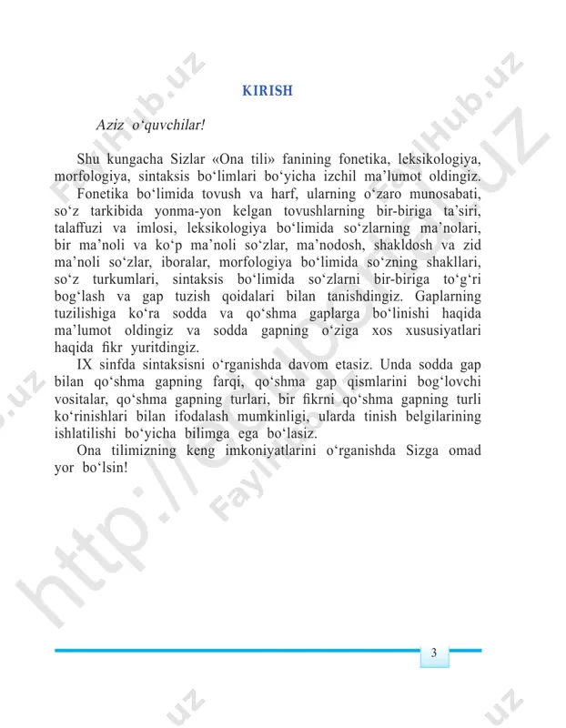 iy jihatlari ko‘p bo‘lgan tillar qarindosh; bir-biridan uzoq, umumiy jihatlari bo‘lmagan tillar qarindosh bo‘lmagan tillar hisoblanadi. hozirgi kunda yer yuzida mavjud bo‘lgan 7000 ga yaqin til hind-yevropa, turkiy, xom-som, xitoy-tibet singari bir necha til oilalariga bo‘linadi. masalan, o‘zbek, turk, turkman, qirg‘iz, qozoq, tatar, uyg‘ur, boshqird, ozarbayjon, qaraim, qoraqalpoq, bolqor singari tillar bir oilaga mansub bo‘lib, ular turkiy tillar oilasi nomi bilan yuritiladi. qarindosh kishilar bir ajdoddan tarqalgani kabi qarindosh tillar ham bir ajdod tilidan kelib chiqqandir. ko‘rinib turibdiki, o‘zbek tili dunyo tillari tizimida turkiy tillar oilasiga mansub bo‘lib, o‘zbekiston respublikasining davlat tili sifatida erkin rivojlanib, o‘sib bormoqda. 1-mashq. gaplarni o‘qing, tilning inson hayotida tutgan o‘rni haqida suhbatlashing.htt p:/ /ed up ort al. uz 6 1. til millat ma’naviyati va madaniyatining toshoynasidir. modomiki, millatning o‘z tili bor ekan, demak, uning dunyoga aytar so‘zi ham bordir. (v.rahmonov) 2. ko‘ngil maxzanining qulfi til va ul maxzanning kalitin so‘z bil. (alisher navoiy) 3. har …