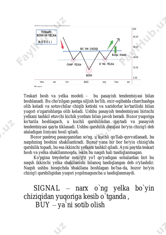 r bo'ladi. bunday holda qarshilik chizig'i qo'llab-quvvatlashdan ko'ra tikroq bo'ladi. yiqilgan buqa xanjari yuqorida ko'rsatilganidek, aktivning narxi ko'tarilib, qarshilik darajasidan o'tib ketishini ko'rsatadi. signal – narx qarshilik liniyasini yuqoriga kesib o`tgandan keyin, buy ya`ni sotib olish uch qavatli buqa tepaligi - bu texnik tahlilda uzoq muddatli pasayish tendentsiyasidan keyin o'zgarishlarni bashorat qilish uchun ishlatiladi. uch martalik pastki aksiya bahosi tendentsiyani buzish va qaytarishdan oldin bir xil narx darajasida yoki uning atrofida uchta aniq pastga siljishini yaratganda yuzaga keladi. buqalar 3 marta bir xil qo`llab – quvvatlash darajasida mustahkamlanganidan keyin qarshilik darajasini kesib o`tib yuqoriga kuchli harakatlanadi. signal – narx qarshilik liniyasini yuqoriga kesib o`tgandan keyin, buy ya`ni sotib olish uch qavatli ayiq tepaligi modeli - narxning teskari reaksiyasi hisoblanuvchi modeldir. uch martalik yuqori aksiya bahosi tendentsiyani buzish va qaytarishdan oldin bir xil narx darajasida yoki uning atrofida uchta aniq yuqoriga harakatlanganda yuzaga keladi. ayiqlar 3 marta bir xil qarshilik darajasidan …