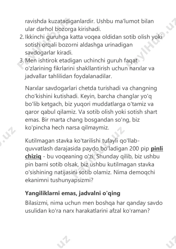 ydi va, albatta, u sizning fikringizga quloq solmaydi. bu erda yozganlarimni chuqurroq o'rganmoqchiman, chunki bu ko'pchilik yangi boshlovchi savdogarlar uchun muammo. shaxsiy fikrlar har safar treyderlarni muammoga duchor qiladigan narsadir. bu ham xudbinlikdir. shunga qaramay, fikrlar bozorda kamdan-kam uchraydigan tovar emas. https://traderblog.net/dnevnoj-grafik/ https://traderblog.net/dnevnoj-grafik/ savdogarlar tushunishga harakat qiladigan eng keng tarqalgan savollardan biri bu ma'lum bir yangilik hodisasi ijobiy yoki salbiy bo'lishidir. eng mashhur mavzulardan biri markaziy bank stavkalari to'g'risidagi qarorlarga o'xshaydi. savdogarlar keyingi uchrashuvda foiz stavkalari qanday o'zgarishini bilmoqchi. biroq, bu haqda nima deb o'ylashim muhim emas yoki siz bu haqda o'ylaysiz. bozor reaktsiyasi - bu muhim ahamiyatga ega bo'lgan yagona narsa. xuddi shu savol o'tgan voqealar haqida ham so'raladi. masalan, fermer xo'jaliklaridan tashqari ish haqi to'g'risidagi hisobot ma'lumotlar ko'payganda, ammo aqsh dollari zaiflashganda chiqadi. va ko'plab savdogarlar nima uchun dollar tushayotganiga qiziqishmoqda? agar siz narx-navo savdogari bo'lsangiz, unda nima uchun qulab tushishi siz uchun muhim emas. shu sababli, siz …