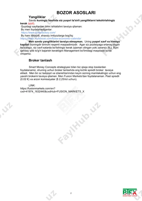 n almashtirishimiz kerak psixologiya va fikrlash sizning savdongizga katta ta'sir ko'rsatadi. ushbu pdf-da o'qitiladigan intizom amaliyotlariga rioya qilish kerak. men sizga yo’l ko'rsata olaman, lekin men o'rgatganlarimga ega bo'lguningizcha qayta-qayta mashq qilishingiz kerak shunda miyangizni qayta dasturlanadi 3 pips va spred haqida tushunchalar eur/usd 1.17185 1.17195 to'rtinchi kasr nuqtasi bizning pip qiymatimizni aniqlaydi. joriy spred esa 1 pipsga teng. eur/usd 1.17192 1.17195 ushbu misoldagi joriy spred 0,3 pips. savdoga kirishda spredni hisobga olish zarur. sotishga bitim ochishdan oldin sl va spred qiymatini bir-biriga qo’shing va sotib olishga bitim ochayotganingizda ham sl ga spredni qo’shing. order ya’ni bitim ochishni to’ldirayotganingizda bularga amal qilganingizga ishonch hosil qiling. 4 savdo qilish uchun eng yaxshi vaqtlar bizda bozor hajmining eng cho’qqi bosqichga va to’lqinlanish yuqori bo’lgan 3 soatlikdan 2 ta bozor vaqtlari mavjud. aynan shu vaqtlarda biz savdo qilishimiz kerak bo’ladi. bu vaqtda bizning savdi tizimimiz afszalliklar hamda bizning standart ishlash tartibi ham oshadi …