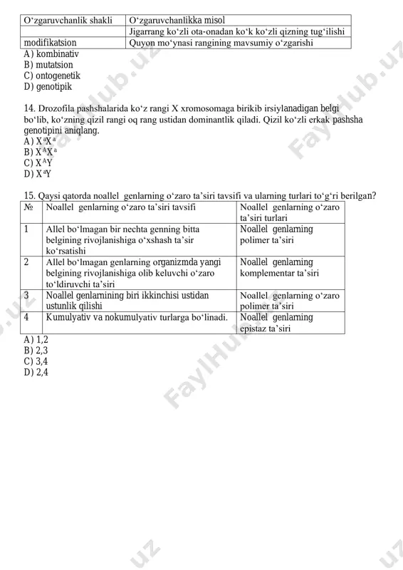 rlarga bo‘linadi. noallel genlarning epistaz ta’siri a) 1,2 b) 2,3 c) 3,4 d) 2,4