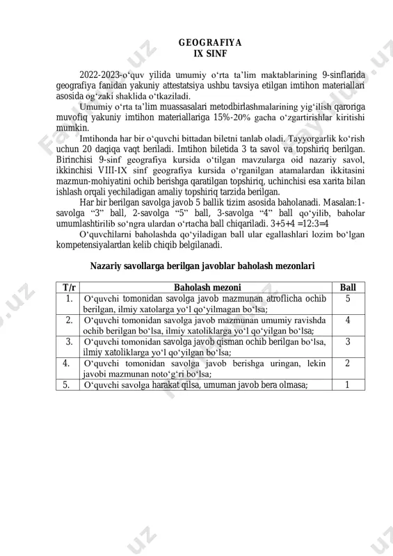 ularning geografik oʻrni izohlanmagan, geografik koordinatalar aniqlay olmagan boʻlsa; 2 5. oʻquvchi topshiriqni mutlaqo xato bajargan boʻlsa; 1 izoh: amaliy topshiriqlarini bajarish uchun zarur oʼquv jihozlari (dunyoning siyosiy xaritasi, oʻzbekiston respublikasining siyosiy-maʼmuriy xaritasi) oʻqituvchi tomonidan oldindan tayyorlab qoʻyiladi. 1-bilet 1. afrikaning geografik oʻrni va siyosiy xaritasi. 2. “hududiy mehnat taqsimoti” va “iqtisodiy geografik oʻrin” atamalarining mazmun-mohiyatini tushuntiring. 3. jahonda maydoni 5 mln km2 dan katta davlatlar soni nechta va ularni xaritadan koʻrsating. ularni orasidagi eng kichik davlat poytaxtini geografik koordinatalarini aniqlang. 2-bilet 1. xitoy iqtisodiyoti va iqtisodiy rayonlari. 2. “tabiiy sharoit” va “tabiiy resurslar” atamalarining mazmun-mohiyatini tushuntiring. 3. “katta yettilik” davlatlarini xaritadan koʻrsating. ulardan qaysilari toʻlaligicha bosh meridiandan gʻarbda va sharqda joylashgan? eng katta davlat poytaxtini geografik koordinatalarini aniqlang. 3-bilet 1. prezidentlik va parlamentar respublikalarning asosiy farqi. respublikalarning turli tiplari qaysi qitʼalarda koʻproq tarqalishi. 2. “agroiqlimiy resurslar” va “biologik resurslar” atamalarining mazmun- mohiyatini tushuntiring. 3. xaritadan tabiiy resurslarning koʻp turlari …