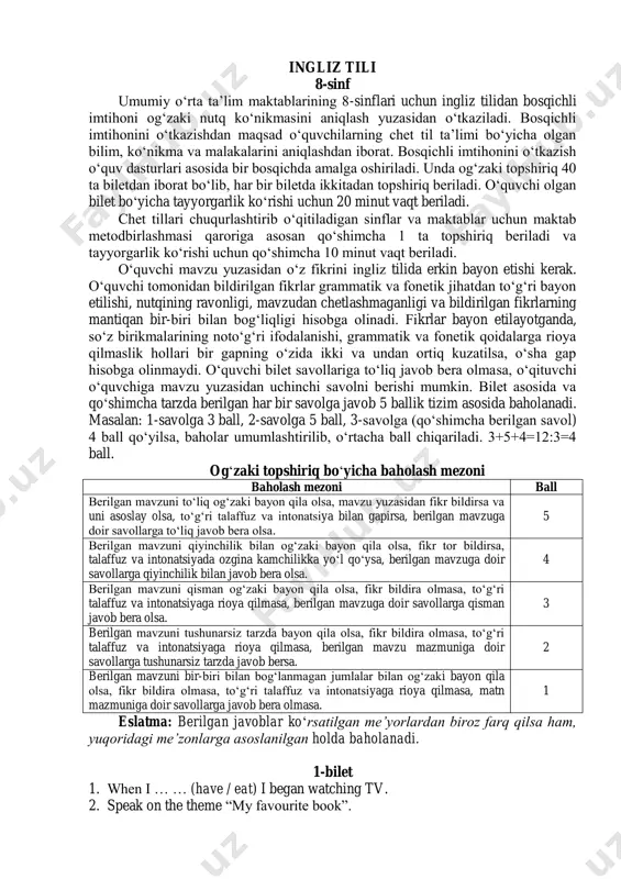olga 3 ball, 2-savolga 5 ball, 3-savolga (qo‘shimcha berilgan savol) 4 ball qo‘yilsa, baholar umumlashtirilib, o‘rtacha ball chiqariladi. 3+5+4=12:3=4 ball. og‘zaki topshiriq bo‘yicha baholash mezoni baholash mezoni ball berilgan mavzuni to‘liq og‘zaki bayon qila olsa, mavzu yuzasidan fikr bildirsa va uni asoslay olsa, to‘g‘ri talaffuz va intonatsiya bilan gapirsa, berilgan mavzuga doir savollarga to‘liq javob bera olsa. 5 berilgan mavzuni qiyinchilik bilan og‘zaki bayon qila olsa, fikr tor bildirsa, talaffuz va intonatsiyada ozgina kamchilikka yo‘l qo‘ysa, berilgan mavzuga doir savollarga qiyinchilik bilan javob bera olsa. 4 berilgan mavzuni qisman og‘zaki bayon qila olsa, fikr bildira olmasa, to‘g‘ri talaffuz va intonatsiyaga rioya qilmasa, berilgan mavzuga doir savollarga qisman javob bera olsa. 3 berilgan mavzuni tushunarsiz tarzda bayon qila olsa, fikr bildira olmasa, to‘g‘ri talaffuz va intonatsiyaga rioya qilmasa, berilgan mavzu mazmuniga doir savollarga tushunarsiz tarzda javob bersa. 2 berilgan mavzuni bir-biri bilan bog‘lanmagan jumlalar bilan og‘zaki bayon qila olsa, fikr bildira …