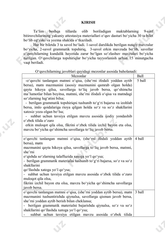 o‘qing va mazmunini so‘zlab bering. 2. nuqtalar o‘rniga kerakli so‘zlarni qo‘ying. kattalarni hurmat....., kichiklarga yordam..... 3. oxirgi o‘qigan kitobingiz haqida so‘zlab bering. 2-bilet 1. yaxshilik yerda qolmas matnini o‘qing va mazmunini so‘zlab bering. 2. berilgan so‘zlarning qarama-qarshi ma’nodagisini yozing. chidamli_________________, rostgo‘y_________________, tozalik__________________, do‘stlik__________________, saxiylik_________________, botirlik ___________________. 3. sog‘ligim – boyligim maqolining mazmunini tushuntirib bering. 3-bilet 1. tabiat muhofazasi matnini o‘qing, matn yuzasidan savollarga javob bering. 2. qanday ish qog‘ozlarini bilasiz? sababsiz o‘qishga kelmasa qanday rasmiy xat yoziladi. 3. “vatan ostonadan boshlanadi”, deganda nimalarni tushunasiz. gapirib bering. 4-bilet 1. inson yaxshilik uchun yaratilgan matnini o‘qing va mazmunini so‘zlab bering. 2. nuqtalar o‘rniga qavs ichida berilgan olmoshlardan mosini tanlab yozing. _________ yaxshi tilaklarim sizga, onajon. (jami, hamma, yalpi). ______ bir kishi uchun, bir kishi _____ uchun . (har kim, hamma, barcha). 3. yaxshilik deganda nimani tushunasiz? so‘zlab bering. 5-bilet 1. burch matnini o‘qing, mazmunini so‘zlab bering. 2. berilgan gaplardagi olmoshlarni belgilash olmoshlari …