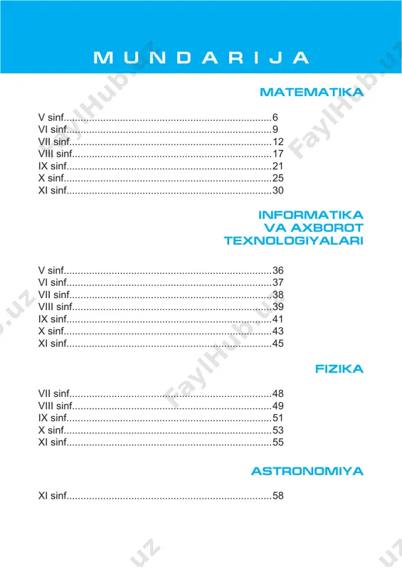 llel va perpendikular to‘g‘ri chiziqlar 1 22 siniq chiziq va uning uzunligi 1 23 ko‘pburchak perimetri 1 24 ko‘pburchak perimetri 1 25 o‘tilganlarni takrorlashga doir masalalar 1 26 to‘g‘ri to‘rtburchakning yuzi 1 27 to‘g‘ri to‘rtburchakning yuzi 1 28 murakkab shakllarning yuzi 1 29 yuz o‘lchov birliklari 1 30 yuz o‘lchov birliklari 1 31 ixtiyoriy shakllarning yuzini chamalab taqribiy hisoblash 1 32 v bobni takrorlashga doir masalalar 1 33 bsb 1 34 xatolar ustida ishlash 1 35 chsb 1 iii chorak (50 soat) 1 ulushlar va oddiy kasrlar 1 2 ulushlar va oddiy kasrlar 1 3 ulushlar va oddiy kasrlar 1 4 kasrlarni taqqoslash 1 5 kasrlarni taqqoslash 1 6 to‘g‘ri va noto‘g‘ri kasrlar 1 7 to‘g‘ri va noto‘g‘ri kasrlar 1 8 bir xil maxrajli kasrlarni qo‘shish va ayirish 1 9 bir xil maxrajli kasrlarni qo‘shish va ayirish 1 10 bir xil maxrajli kasrlarni qo‘shish va ayirish 1 11 bo‘lish amali …