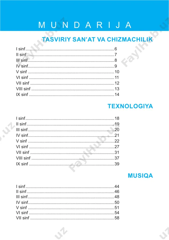 m ishlash 1 2-chorak. haykaltaroshlik 10-dars milliy idish va mevalar yasash 1 11-dars jo‘ja bilan o‘rdakcha shaklini yasash 1 12-dars kuchukcha bilan mushukcha shaklini yasash 1 13-dars baliqcha tasvirini ishlash 1 14-dars jirafa va fil shaklini yasash 1 15-dars pingvin shaklini yasash 1 16-dars “yangi yil” (umumlashtiruvchi dars) 1 3-chorak. rangtasvir 17-dars “qish manzarasi” mavzusida rasm ishlash 1 18-dars quyoncha rasmini chizish 1 19-dars tulki rasmini chizish 1 20-dars ayiqcha rasmini chizish 1 21-dars boychechak rasmini chizish 1 22-dars “guldondagi gullar” mavzusida rasm ishlash 1 23-dars “onajonimga sovg‘a” mavzusida rasm ishlash 1 24-dars 1-nazorat ishi. “guldasta” mavzusida rasm ishlash 1 25-dars “o‘lkamizda navro‘z” mavzusida rasm ishlash 1 4-chorak. kompozitsiya 26-dars “geometrik shakllardan tashkil topgan tabiat” mavzusida kompozitsiya ishlash 1 27-dars “momaqaymoq” (o‘t-o‘lanlar bilan) mavzusida kompozitsiya ishlash 1 28-dars “kapalaklar” (gullar ustida) mavzusida kompozitsiya ishlash 1 amaliy fanlar yillik taqvim-mavzu rejalaritasviriy san’at va chizmachilik 7 29-dars “asalari va xonqizi” (asalari uyasi …