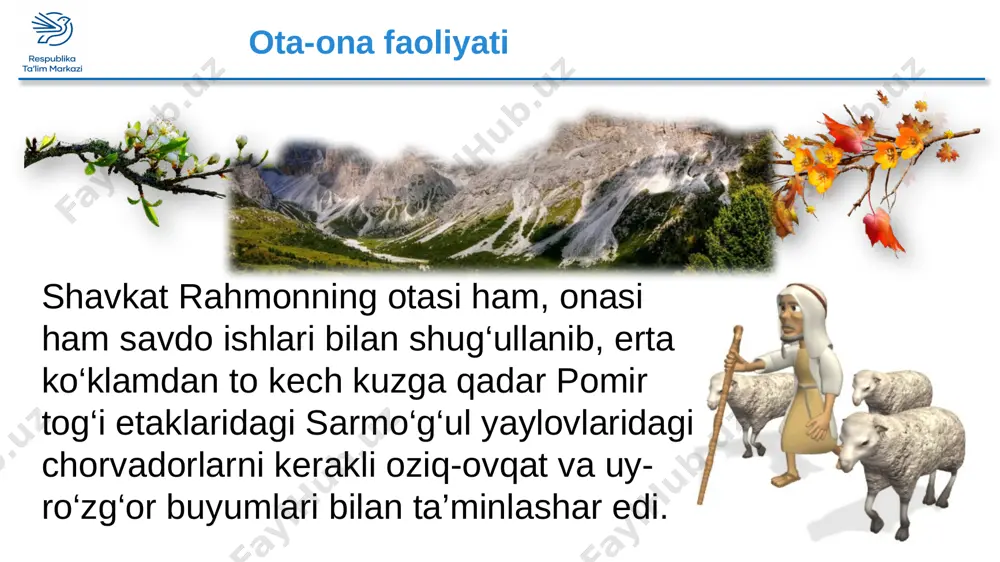 m etgan og‘ir kasallikdan vafot etdi. u toshkent shahridagi yalang‘och qabristoniga dafn etilgan. vafotidan so‘ng shoirning “saylanma” kitobi (1997) nashr qilindi. 16 mustaqil bajarish uchun topshiriq 1. millatparvarlik, xalqparvarlik g‘oyalariga munosabatingiz? 2. yosh shavkatning o‘spirinlik davri sizda qanday taassurot qoldirdi? 3. sizning fikringizcha sh.rahmon shoirligiga turtki bo‘lgan sabab nima? 17 e’tiboringiz uchun rahmat image11.png image12.png image13.png image14.tmp image15.png image16.png image17.gif image18.png image19.png image20.png image21.tmp image22.gif image23.tmp image24.png image25.tmp image29.png image30.png image26.png image27.png image28.png image31.tmp image32.tmp image33.gif image34.gif image35.tmp image36.png image37.png image38.png image39.png image40.tmp image41.tmp image42.tmp image43.tmp image44.jpeg image45.gif